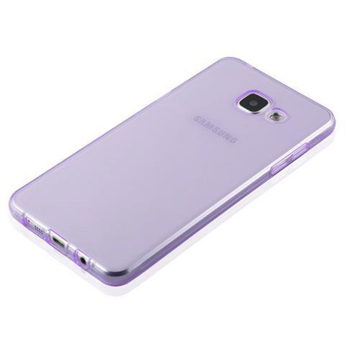 Una custodia per telefono color lavanda con il logo Samsung e i dettagli della fotocamera viene mostrata su una superficie bianca.