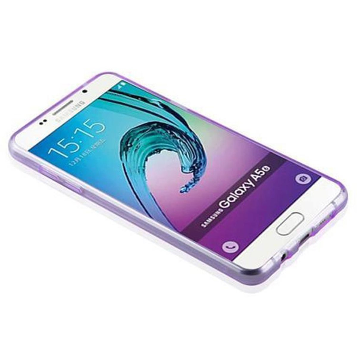 Un telefono in una custodia trasparente viola. Il telefono mostra l'ora e il logo Samsung Galaxy A50.