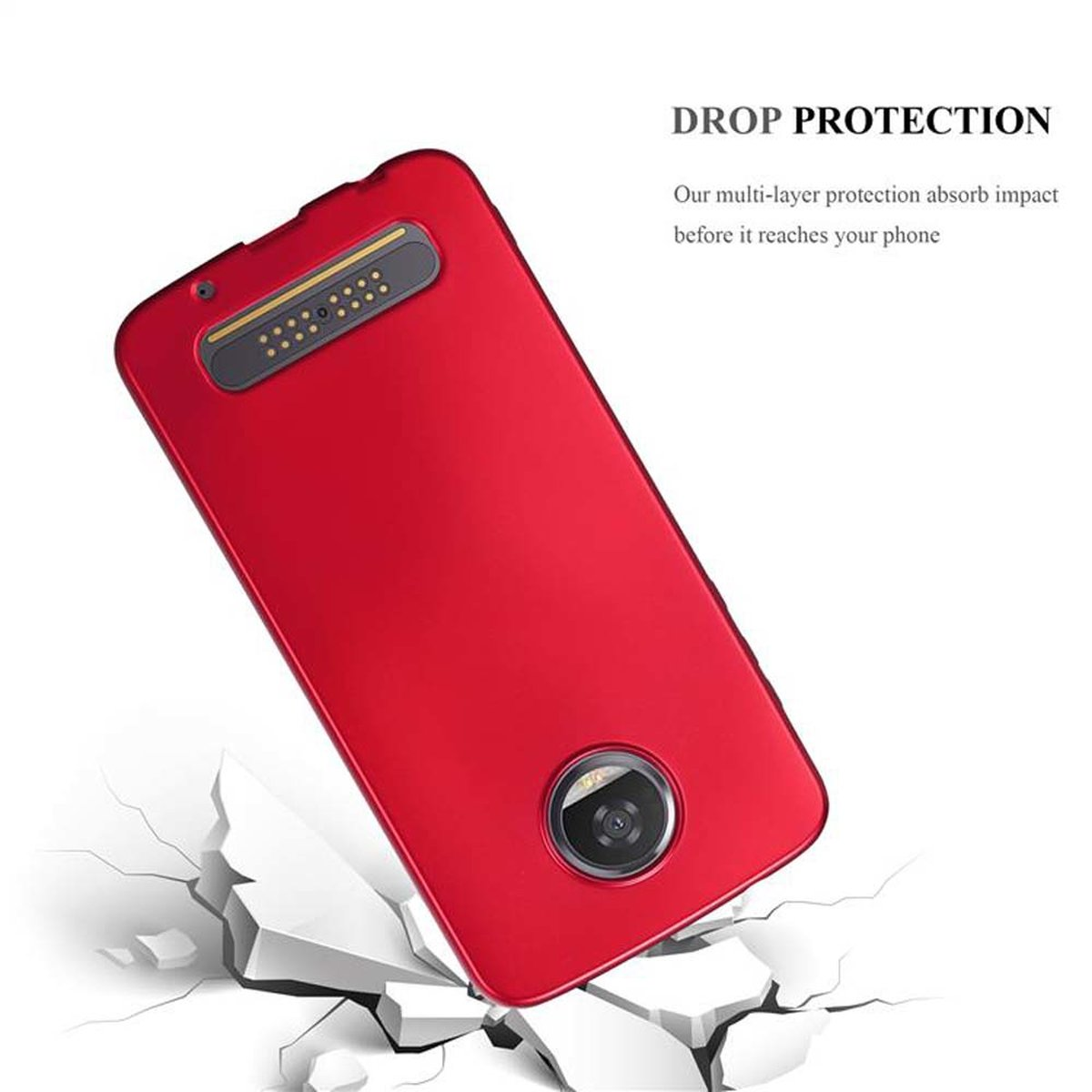 Una custodia per telefono rossa su una superficie che sembra rompersi. Ha un foro per la fotocamera.