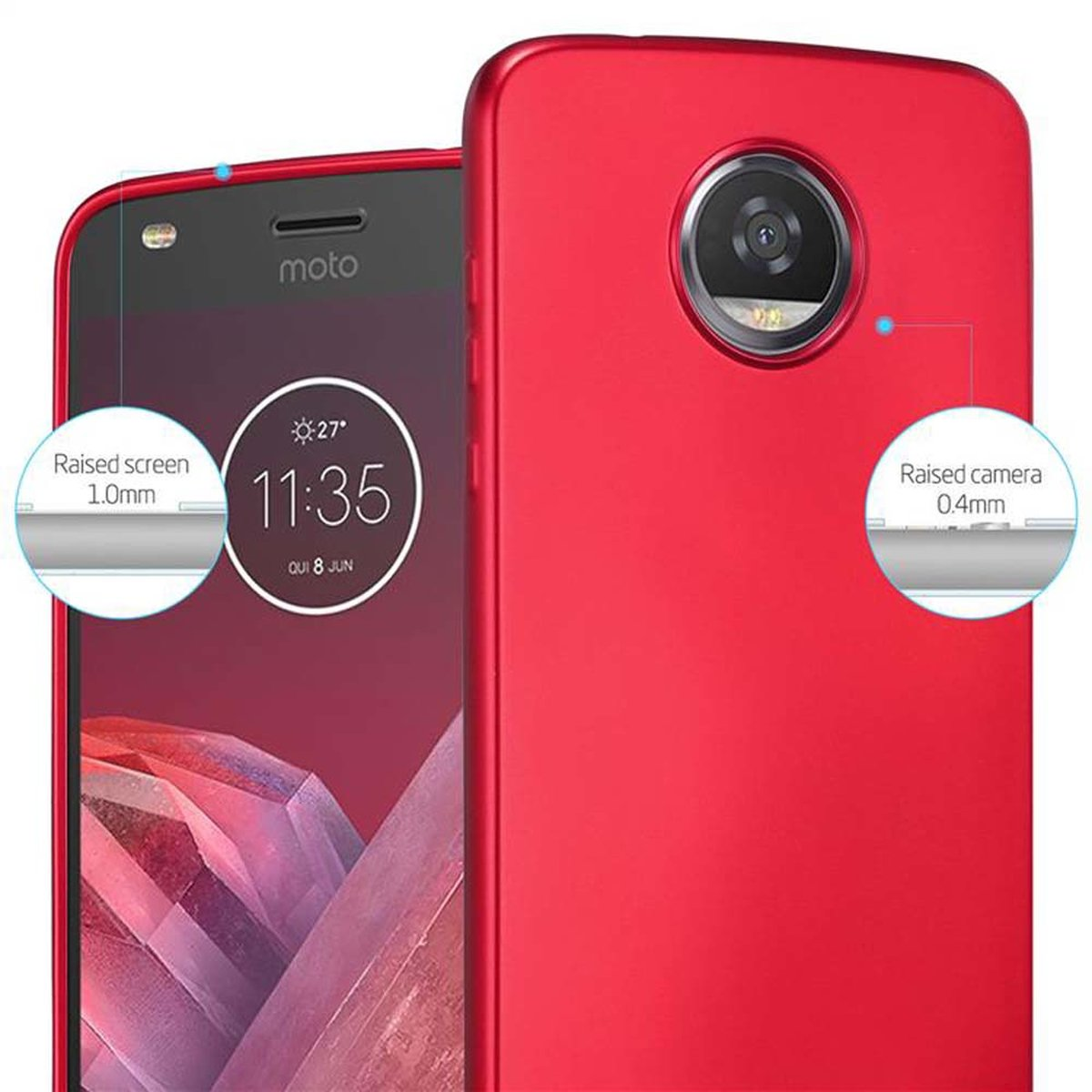 Custodia per telefono rossa accanto a un telefono. La custodia ha protezione schermo e fotocamera rialzate. Il telefono mostra l'ora.