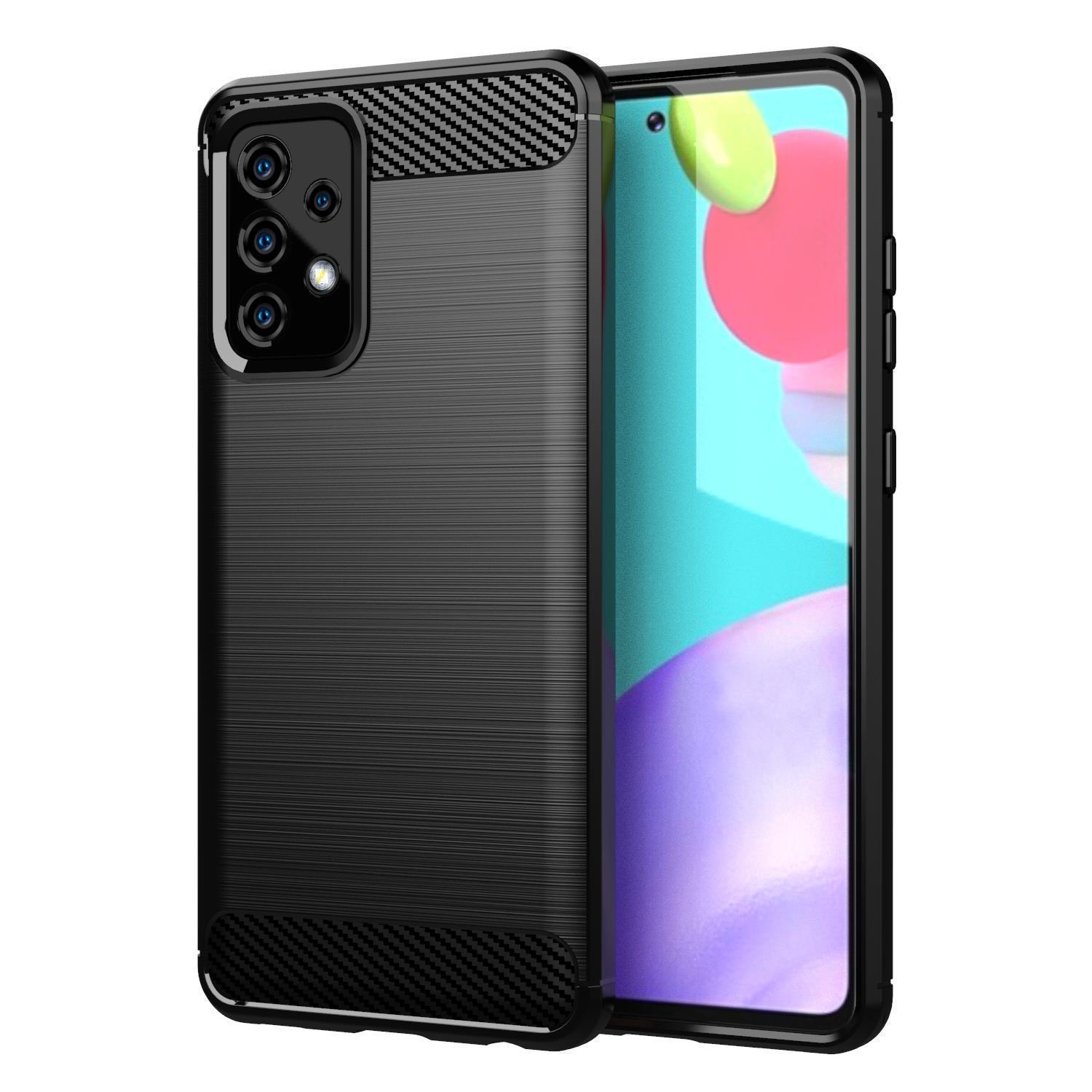 Schwarzes Telefon mit schwarzer Hülle. Die Hülle hat eine Kohlefaserstruktur und eine Kamera.