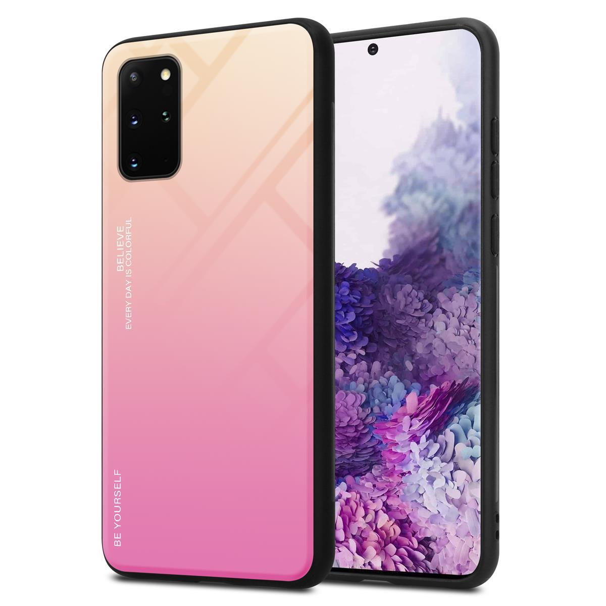 Telefon mit rosa-gelber Farbverlaufshülle, zeigt Blumenbild auf dem Bildschirm.