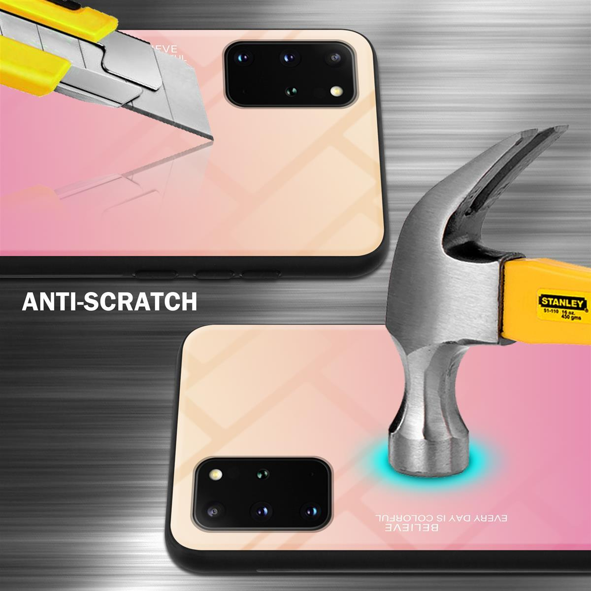 Handyhülle mit Farbverlauf wird mit einem Cutter und einem Hammer getestet.
