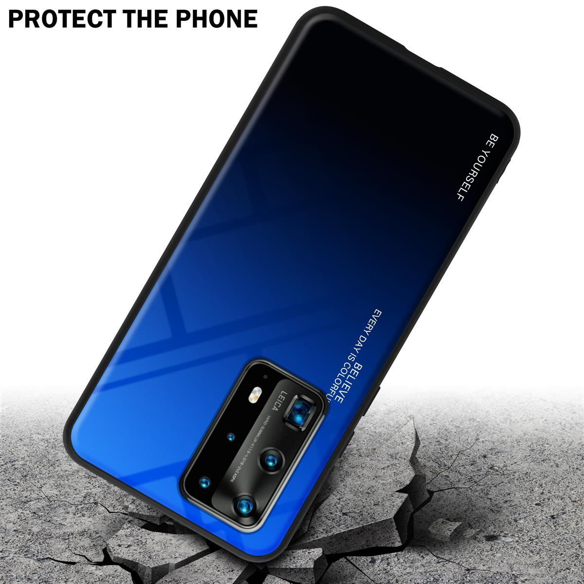 Custodia per telefono con sfumatura da blu a nero su superficie incrinata. Testo: Proteggi il telefono, Sii te stesso, Ogni giorno è colorato.