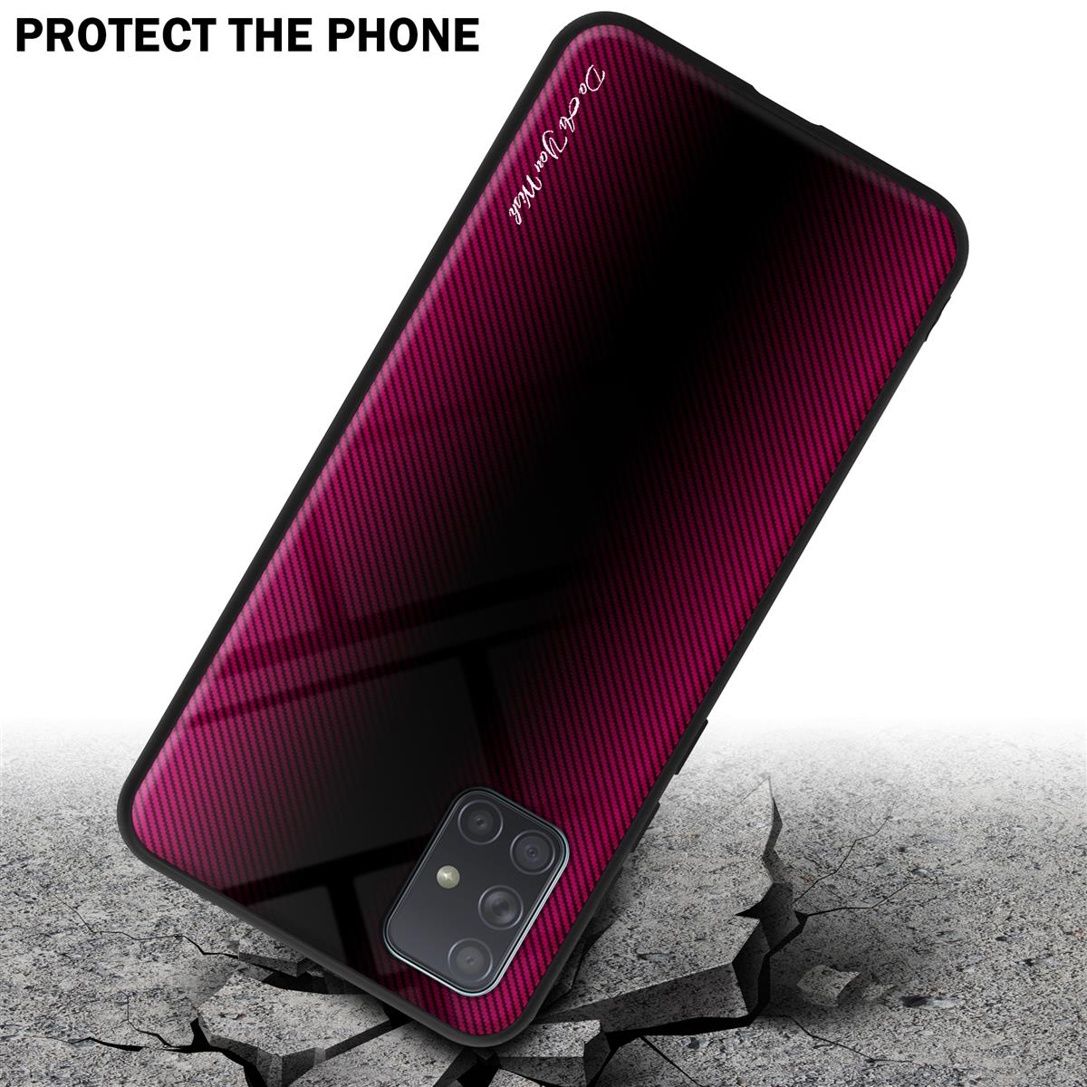 Telefono con custodia sfumata nera e rossa, su superficie incrinata, che mostra la protezione dalle cadute.