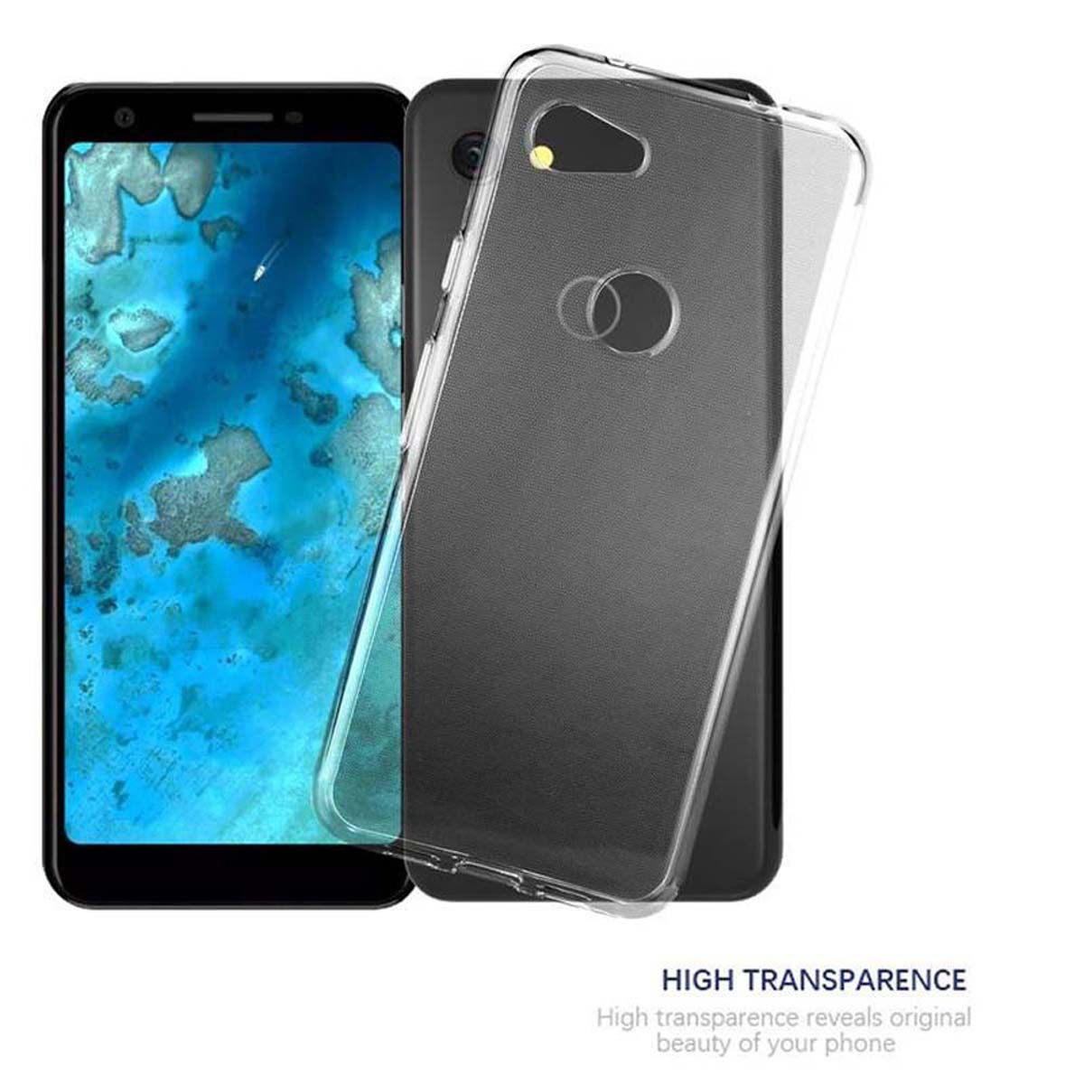 Ein Telefon mit einer durchsichtigen Hülle. Der Text darunter lautet 'High Transparence'.