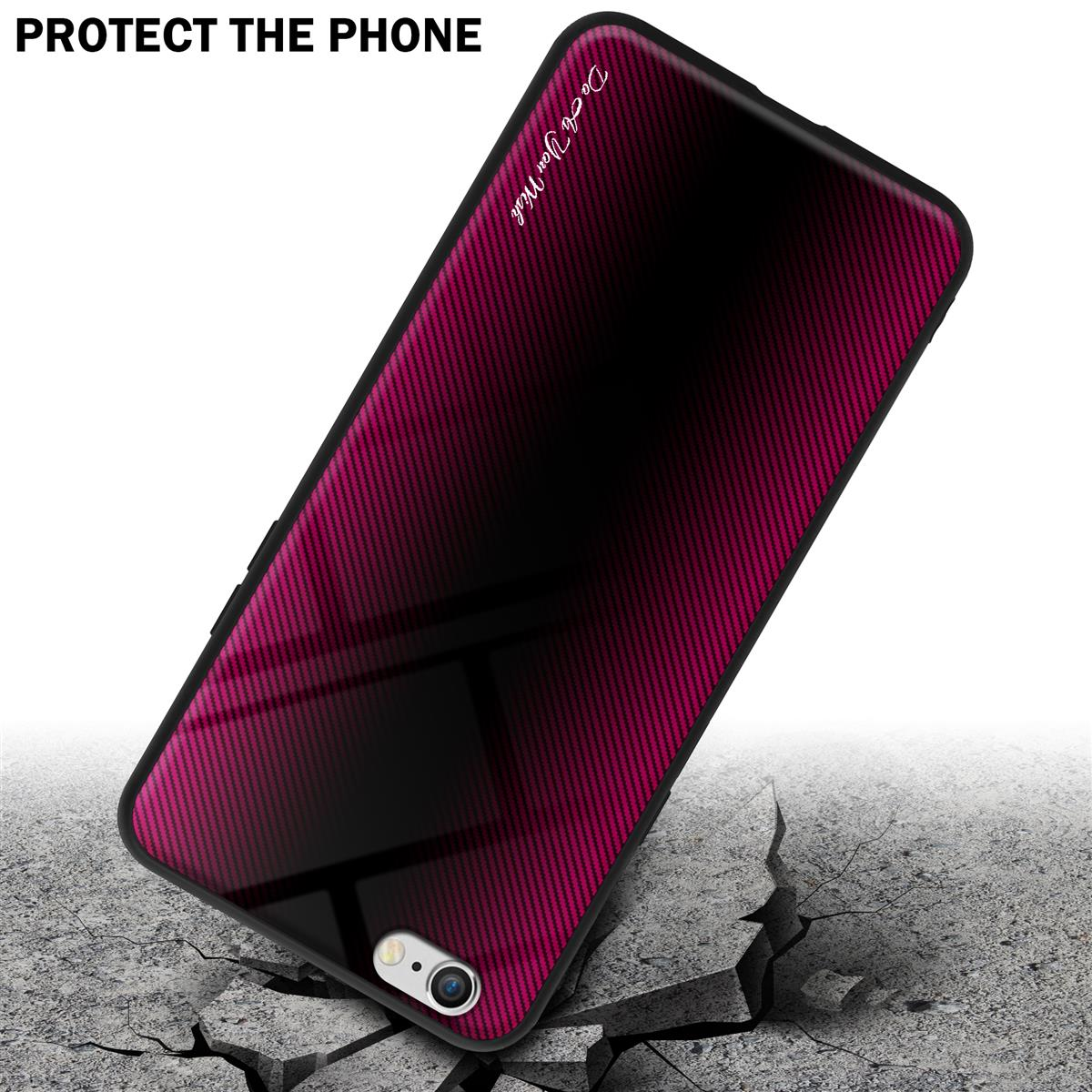 Custodia per telefono con sfumatura rosa-nera, crepe in primo piano. Testo: Proteggi il telefono. Un telefono a terra