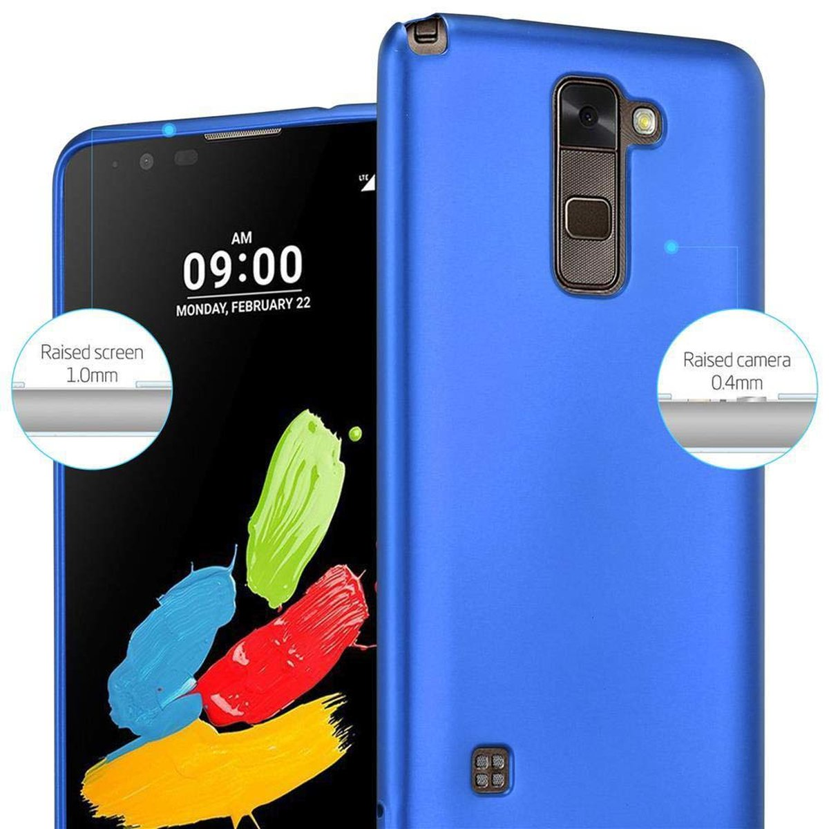 Telefon mit blauer Hülle. Der Bildschirm zeigt die Zeit: 09:00. Text: „Erhöhter Bildschirm 1,0 mm“ und „Erhöhte Kamera 0,4 mm“.