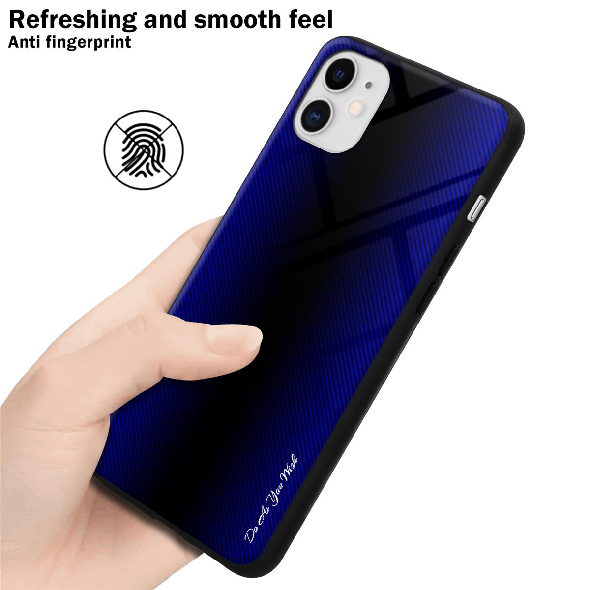 Mano che tiene un telefono con custodia sfumata blu e nera. Simbolo dell'impronta digitale visibile.