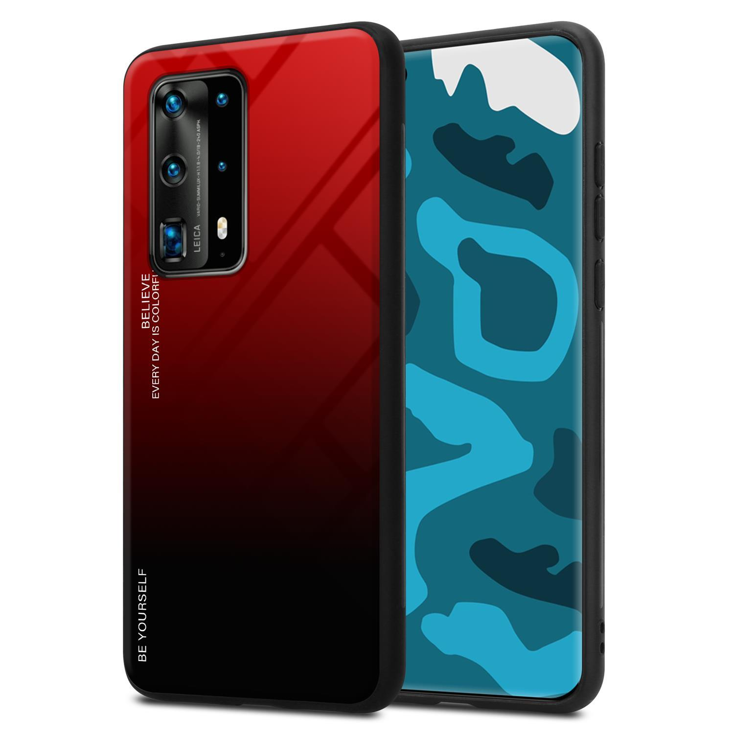 Un telefono in una custodia sfumata rosso-nera, accanto a un telefono con schermo bianco che mostra un logo. La custodia dice 'Believe'.