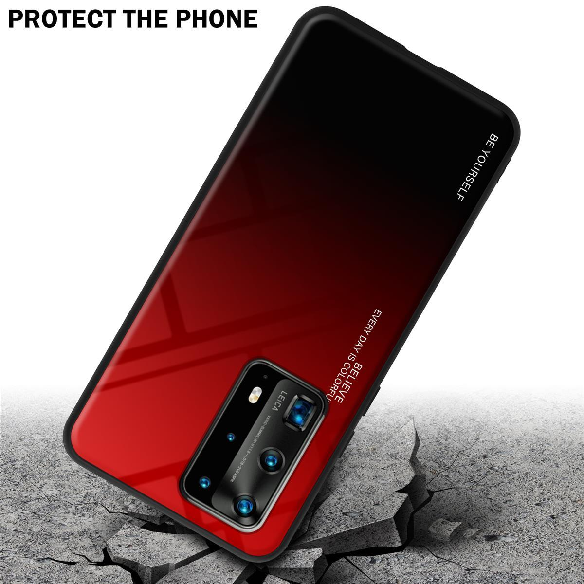 Un telefono con custodia sfumata rossa su una superficie incrinata. La custodia ha una parte superiore nera.