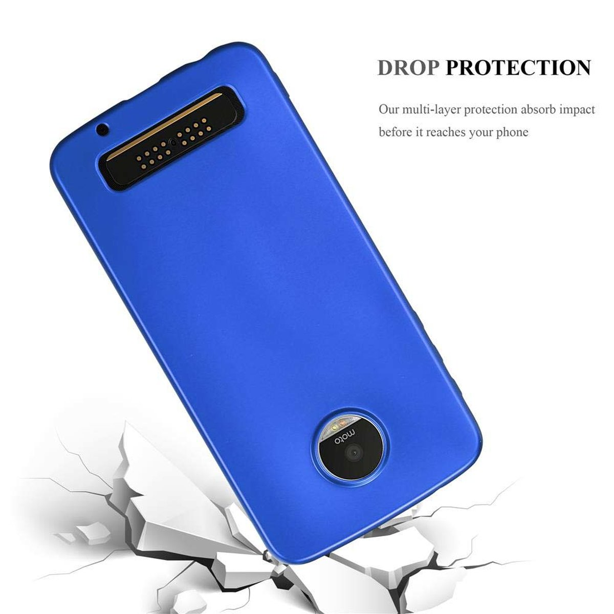 Custodia per telefono blu che cade, rompendo una superficie. Testo: Protezione contro le cadute. La nostra protezione multistrato...