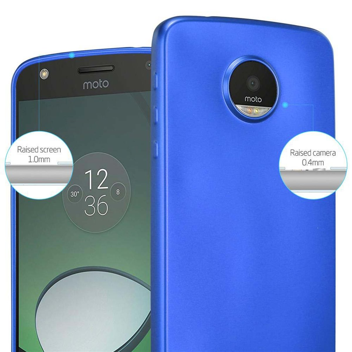 Una custodia blu per telefono con un telefono. Lo schermo del telefono mostra l'ora e uno sfondo verde.