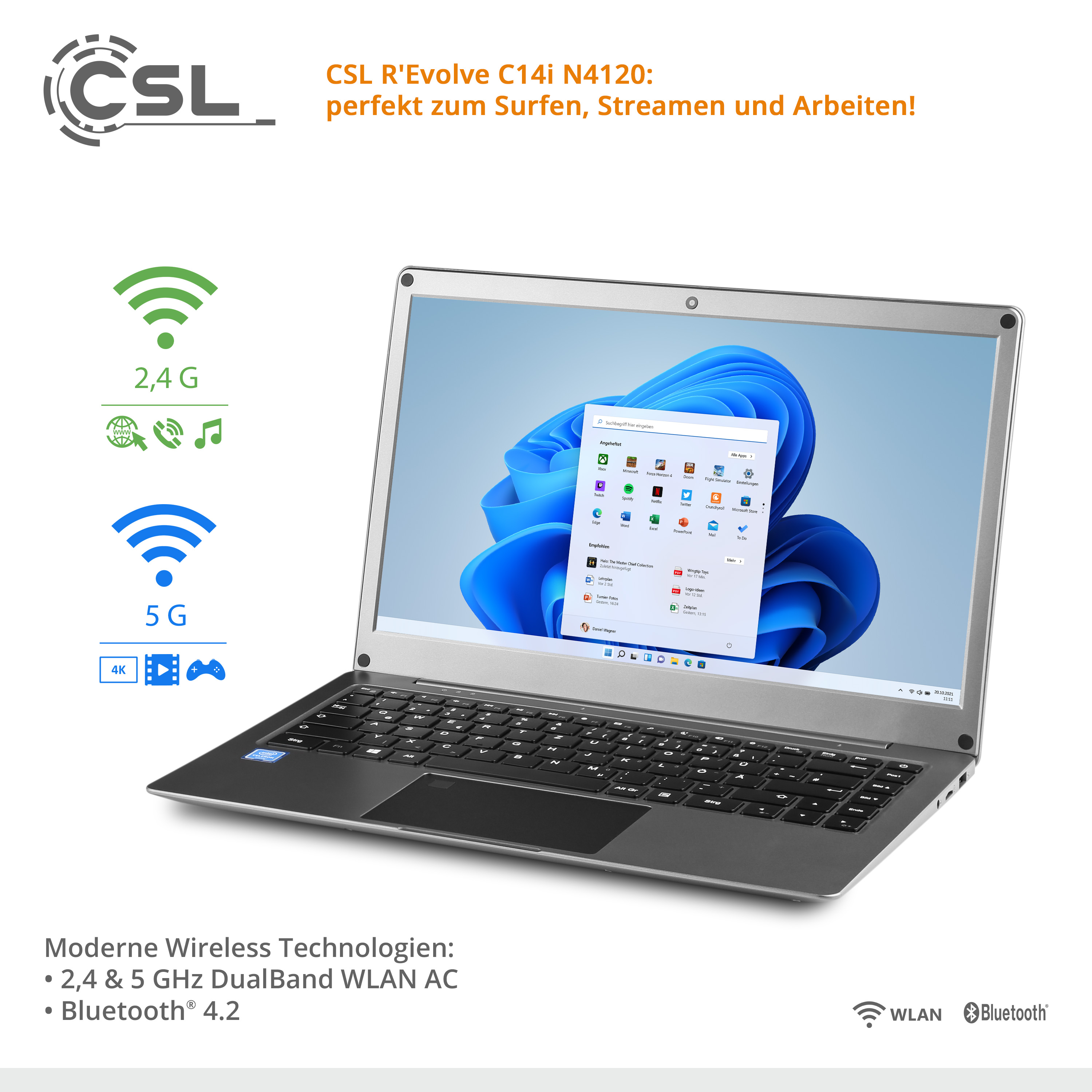 CSL R\'Evolve C14i 11 eMMC, Windows UHD-Grafik 4 120 Zoll Display, Notebook mit SSD, GB RAM, Home, Intel® v2 14,1 600, / schwarz GB / GB 64 120GB