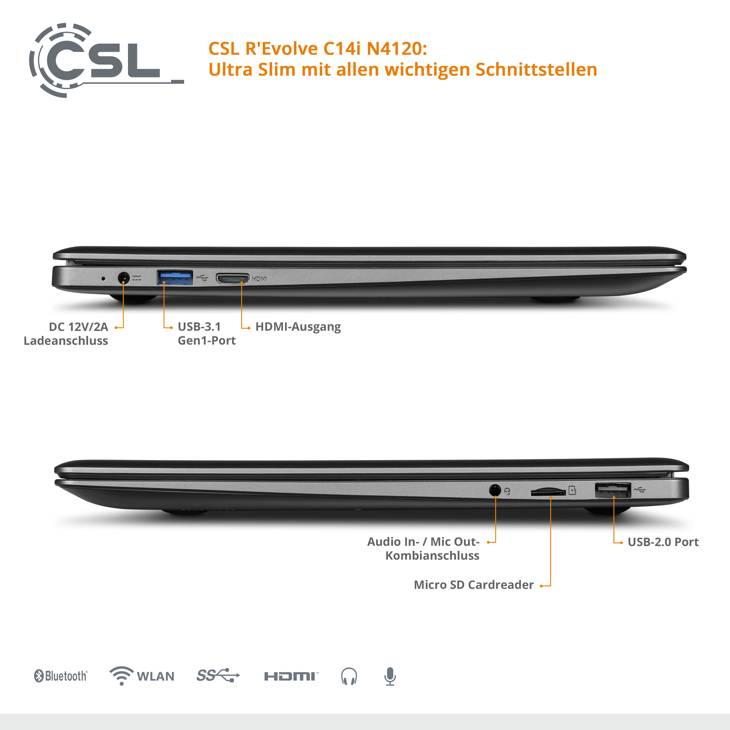 CSL R\'Evolve C14i 11 eMMC, Windows UHD-Grafik 4 120 Zoll Display, Notebook mit SSD, GB RAM, Home, Intel® v2 14,1 600, / schwarz GB / GB 64 120GB