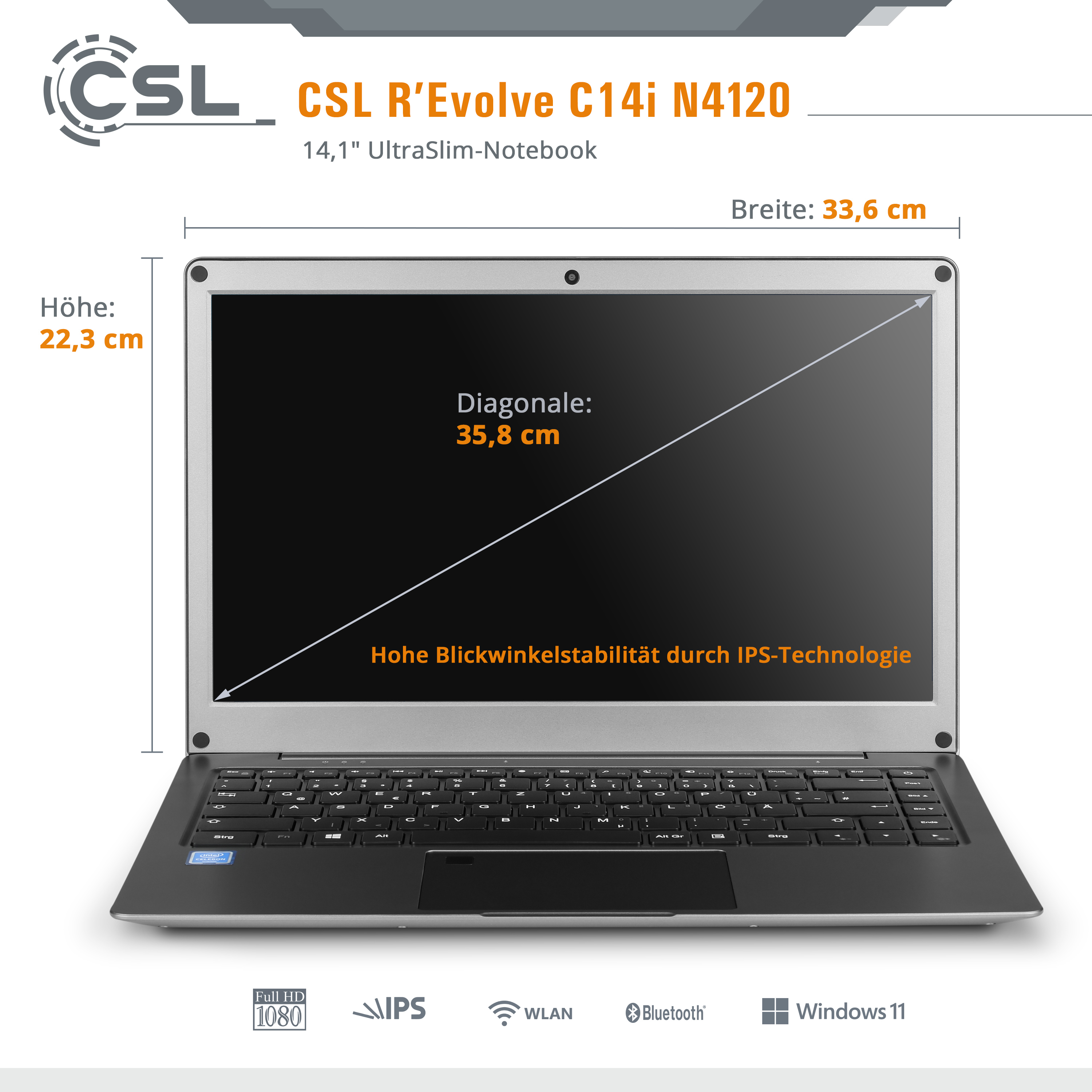 CSL R\'Evolve C14i 11 14,1 Intel® GB Notebook / Display, eMMC, mit schwarz Home, GB 4 v2 SSD, / RAM, 600, 120GB Zoll GB UHD-Grafik 64 120 Windows