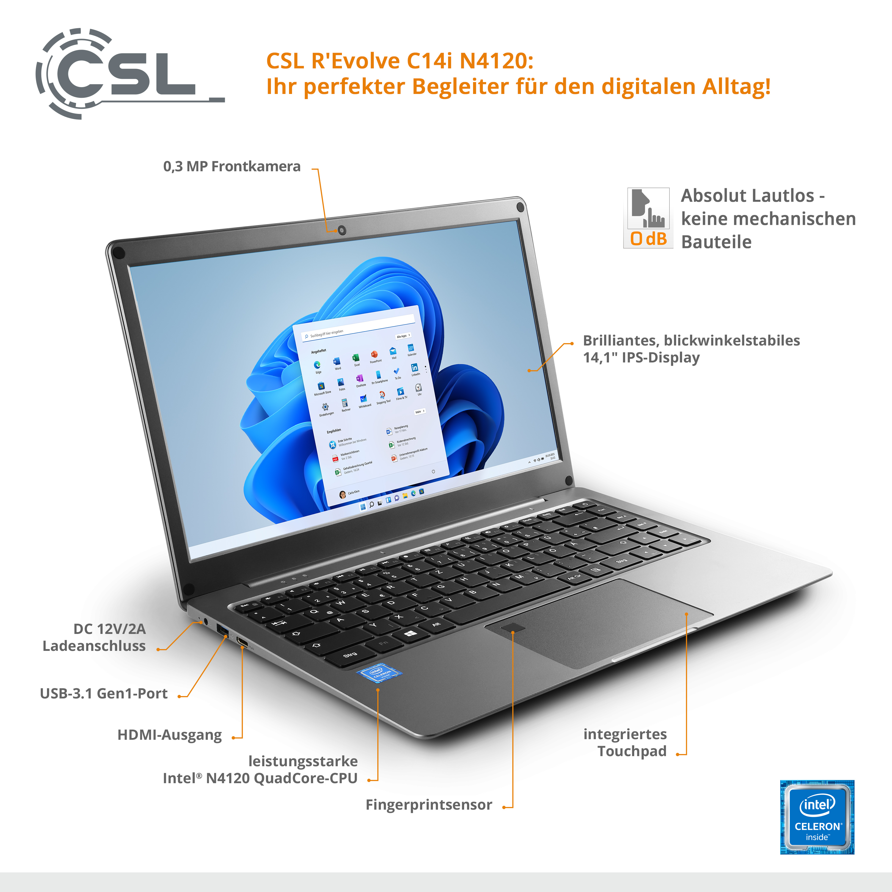 CSL R\'Evolve C14i 1000GB Display, 64 GB v2 / 600, SSD, Windows Pro, GB 4 RAM, eMMC, 11 Intel® Zoll mit 1000 UHD-Grafik Notebook schwarz 14,1 / GB