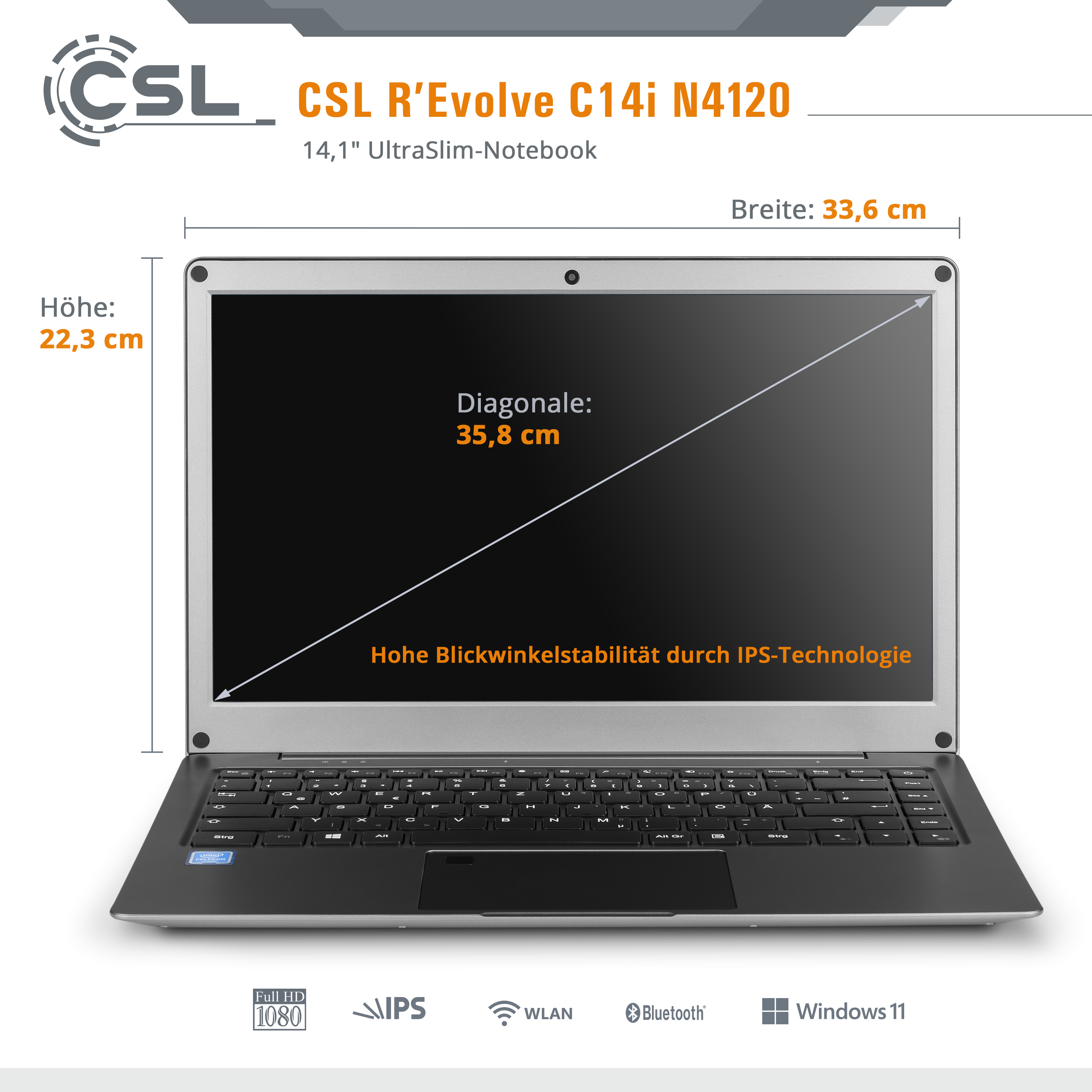 CSL R\'Evolve C14i 1000GB Display, 64 GB v2 / 600, SSD, Windows Pro, GB 4 RAM, eMMC, 11 Intel® Zoll mit 1000 UHD-Grafik Notebook schwarz 14,1 / GB