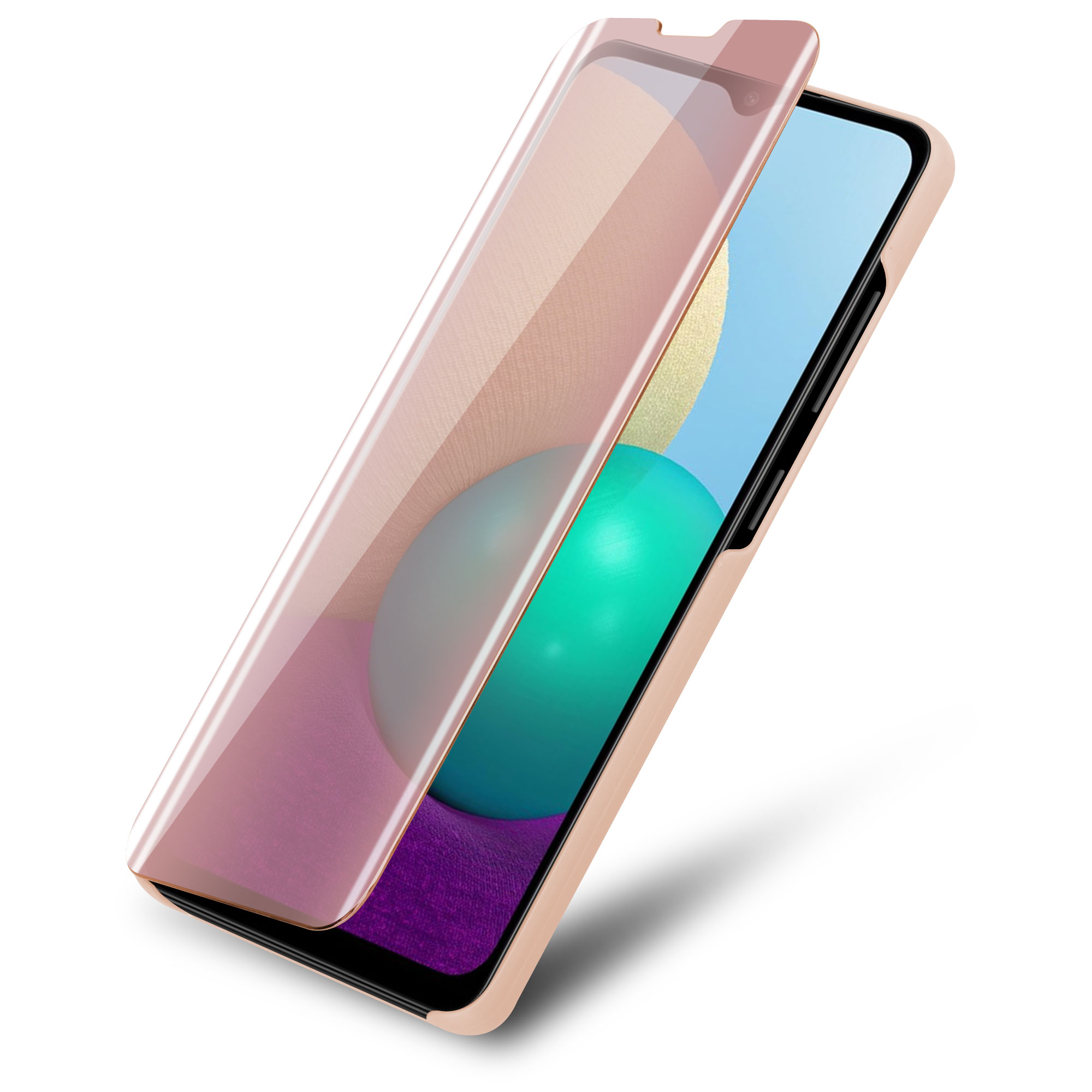 Telefon mit geöffnetem rosa Displayschutz. Telefon ist goldfarben, mit blauem und grünem Bildschirm.