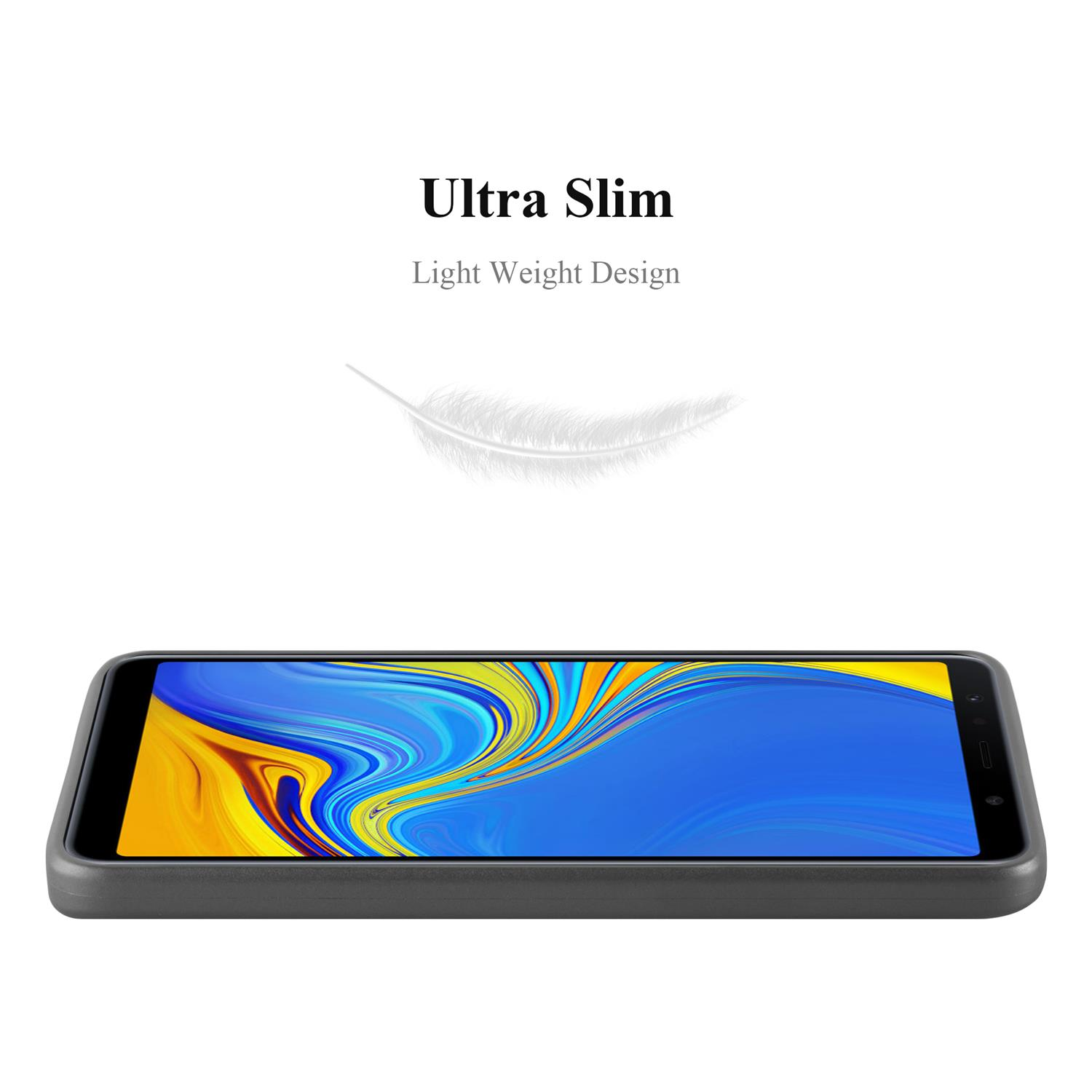 Eine schwarze Handyhülle liegt flach. Der Text 'Ultra Slim' und eine Federgrafik stehen darüber.