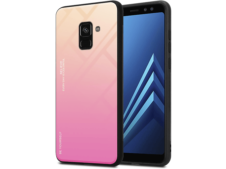 CADORABO Hülle aus Silikon GELB Backcover, Galaxy Farben TPU Glas, ROSA 2 - A8 2018, Samsung
