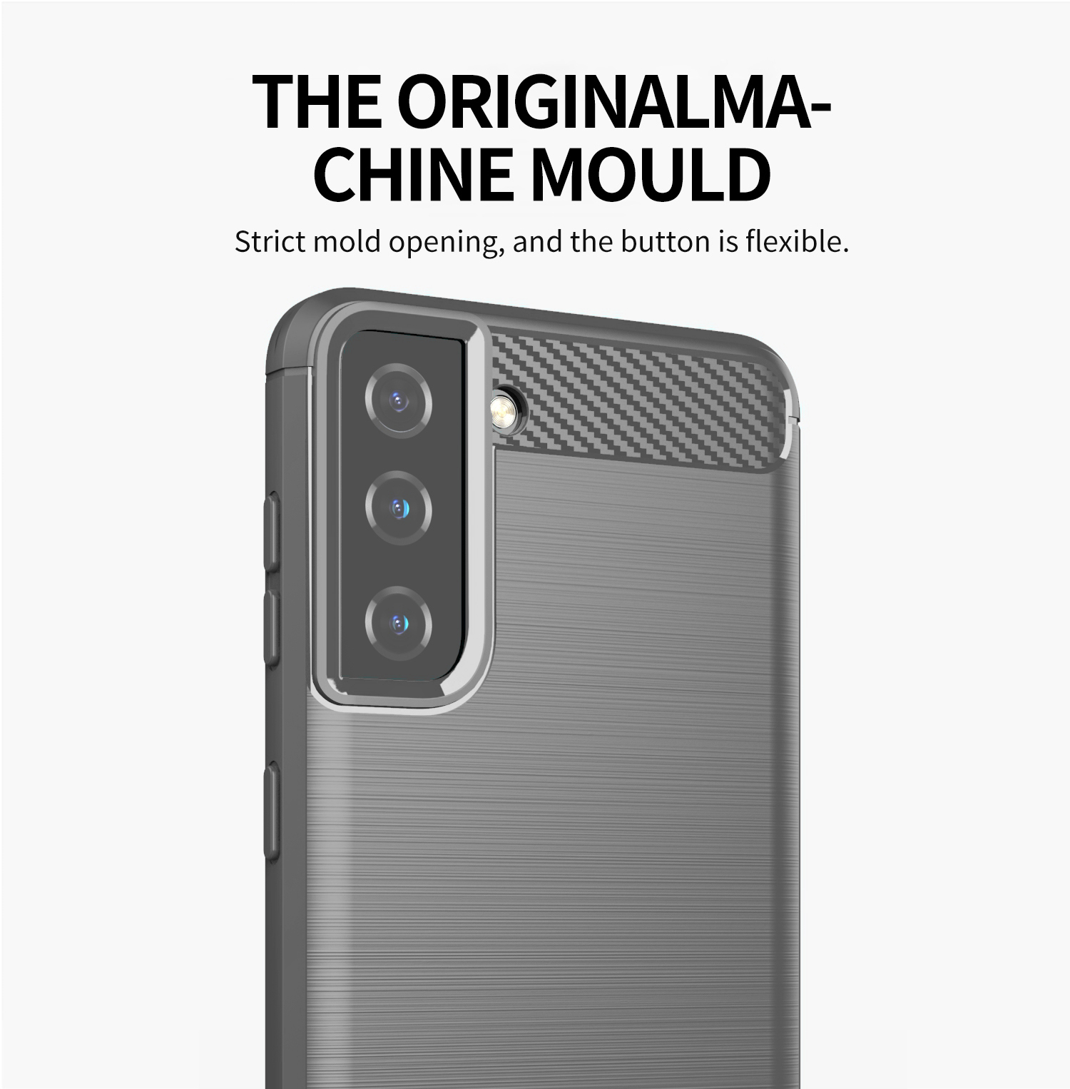 Una custodia grigia per telefono con un ritaglio per la fotocamera. La custodia è su uno sfondo bianco.