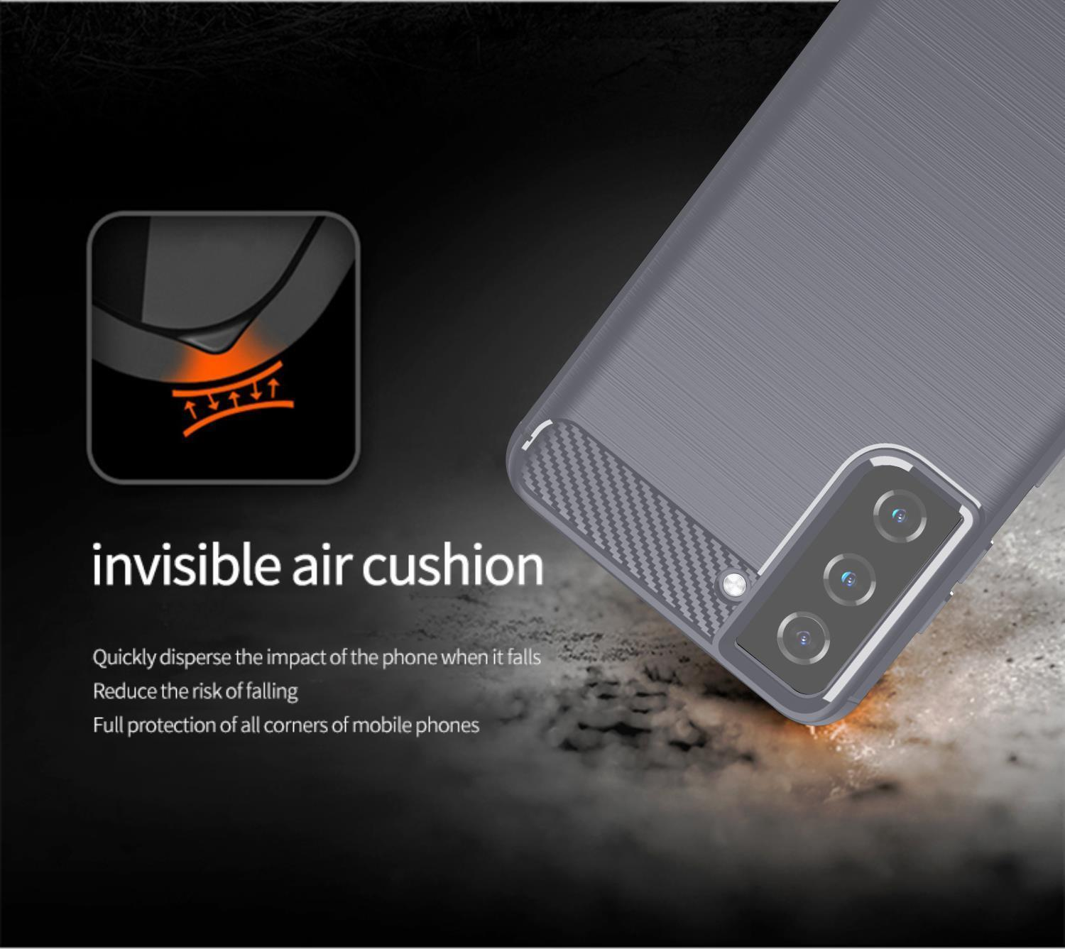 Custodia per telefono grigia con retro strutturato e ritaglio per la fotocamera. Il testo recita 'invisible air cushion'.
