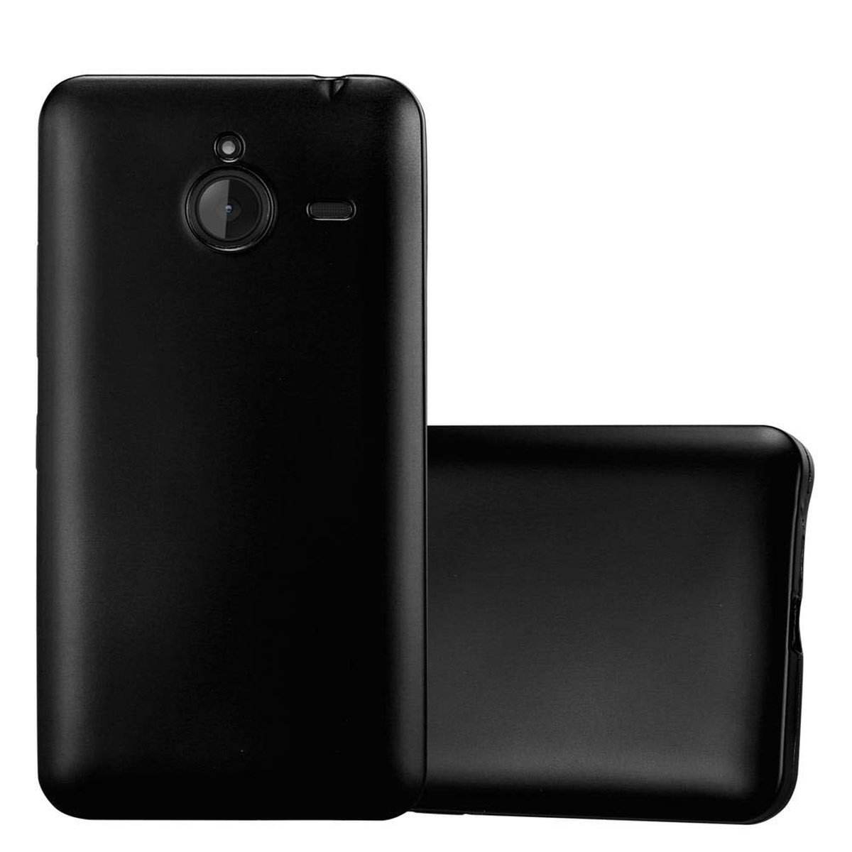 Telefono nero con custodia nera, che mostra retro e lato. Il telefono ha una fotocamera.