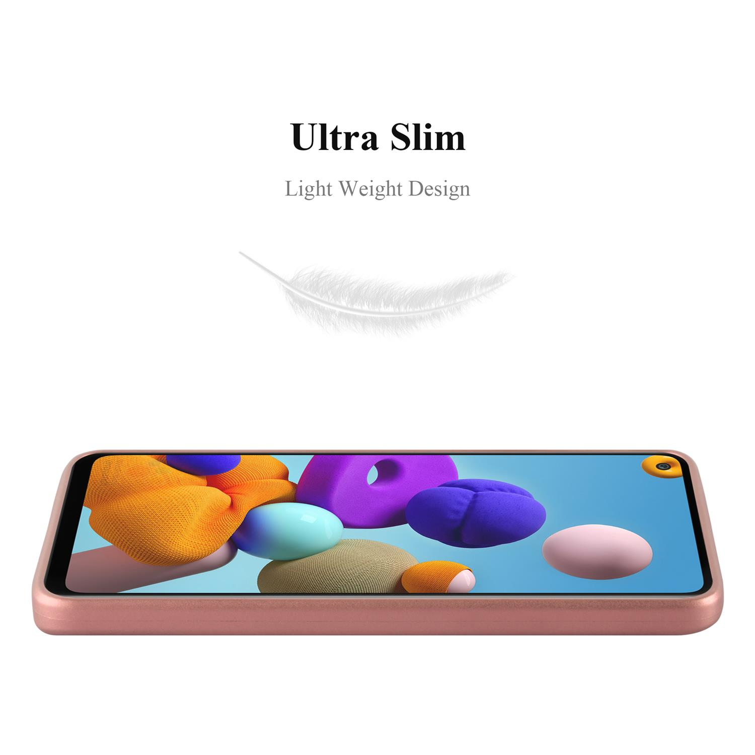 Custodia per telefono con design colorato. La custodia è su uno sfondo bianco con una piuma.