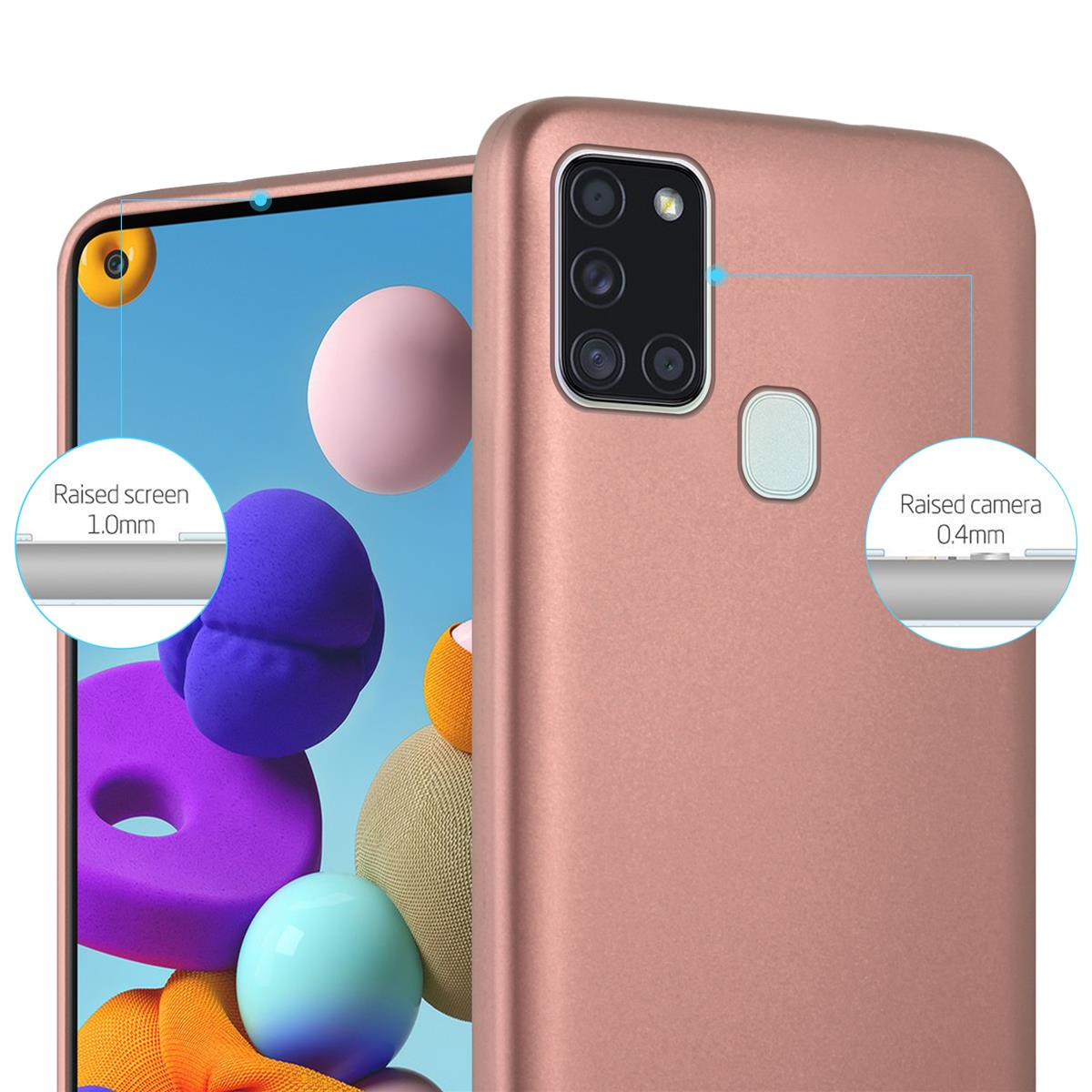 Un primo piano di una custodia rosa per telefono con dettagli. Le sezioni rialzate dello schermo e della fotocamera sono evidenziate con misurazioni.