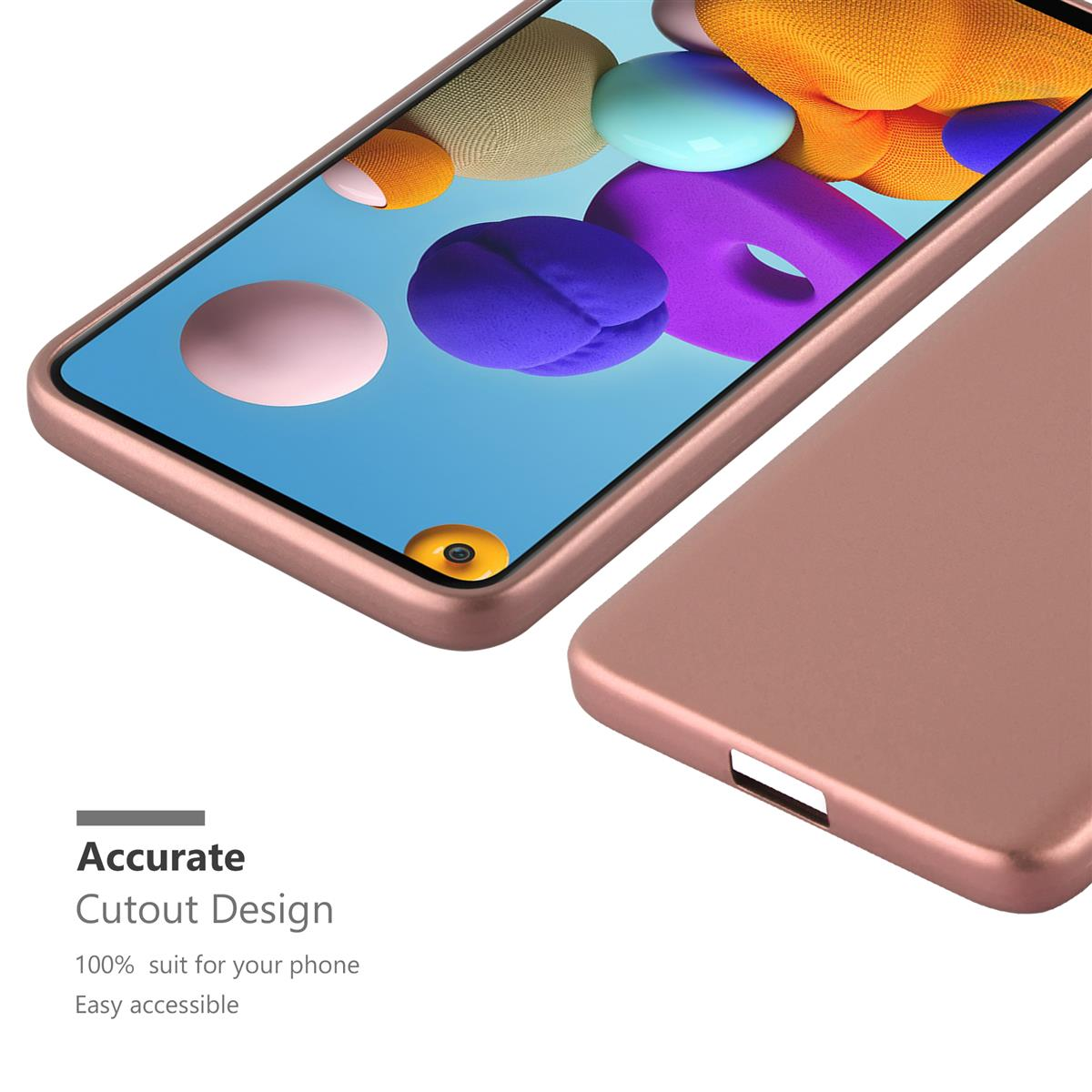 Custodia per telefono oro rosa su un telefono. La custodia è sul telefono, angolata per mostrare i dettagli. Lo sfondo è bianco.