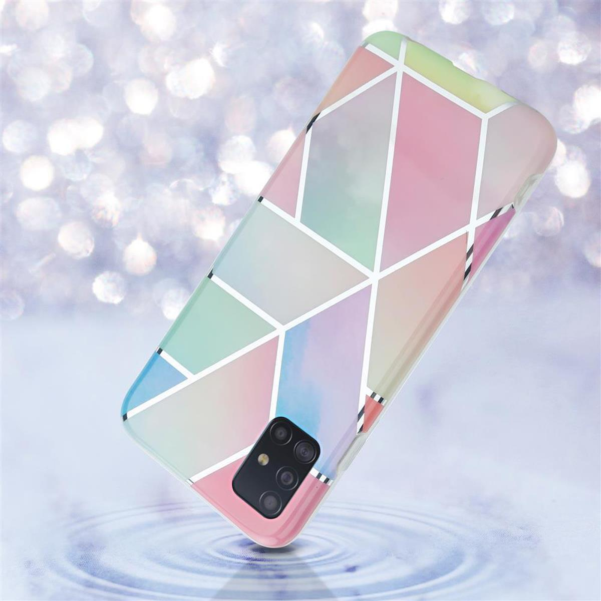 Custodia per telefono con un design geometrico colorato. La custodia è angolata, di fronte a uno sfondo sfocato.