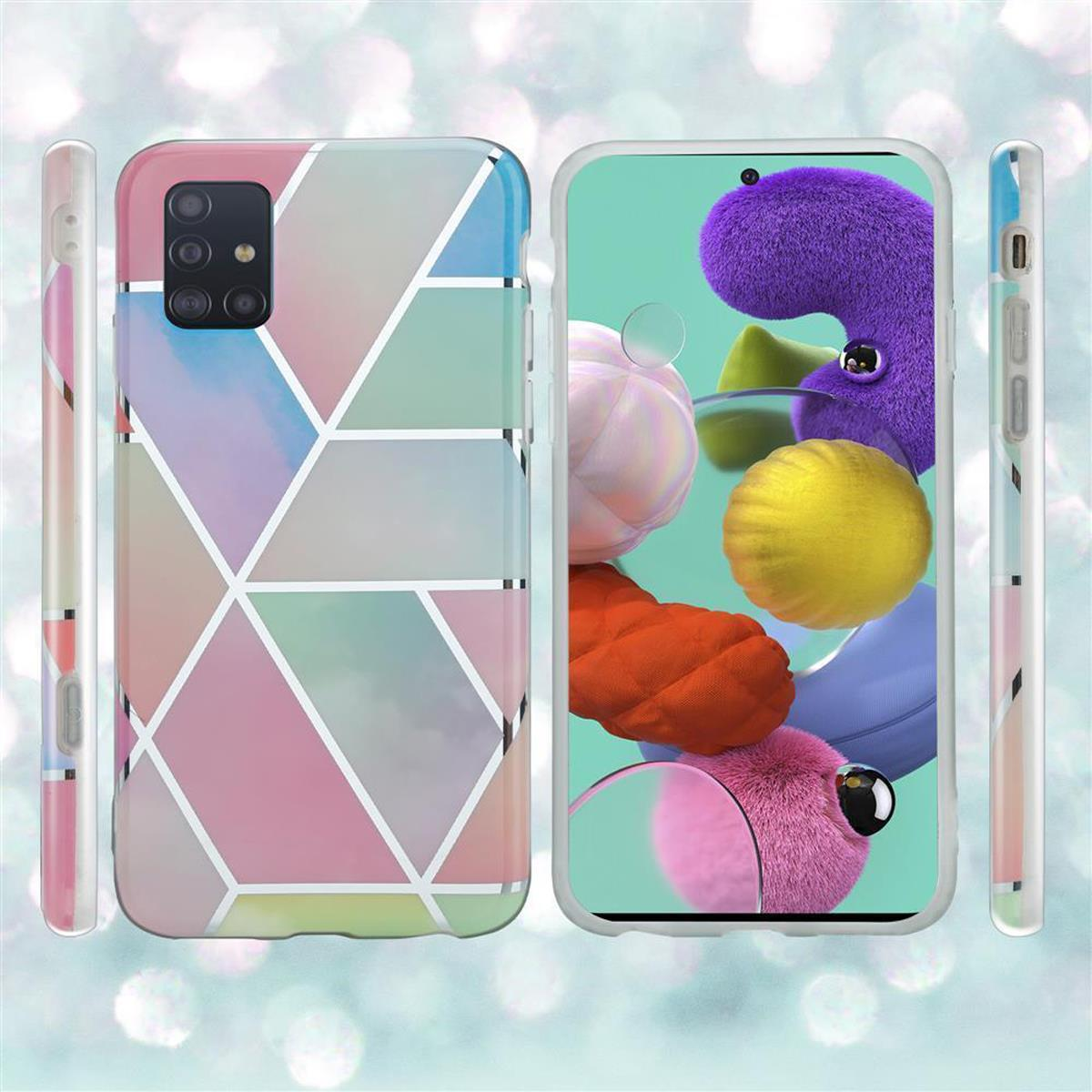 Custodie per telefono con motivi geometrici. Il telefono a destra ha uno schermo blu e oggetti astratti colorati.