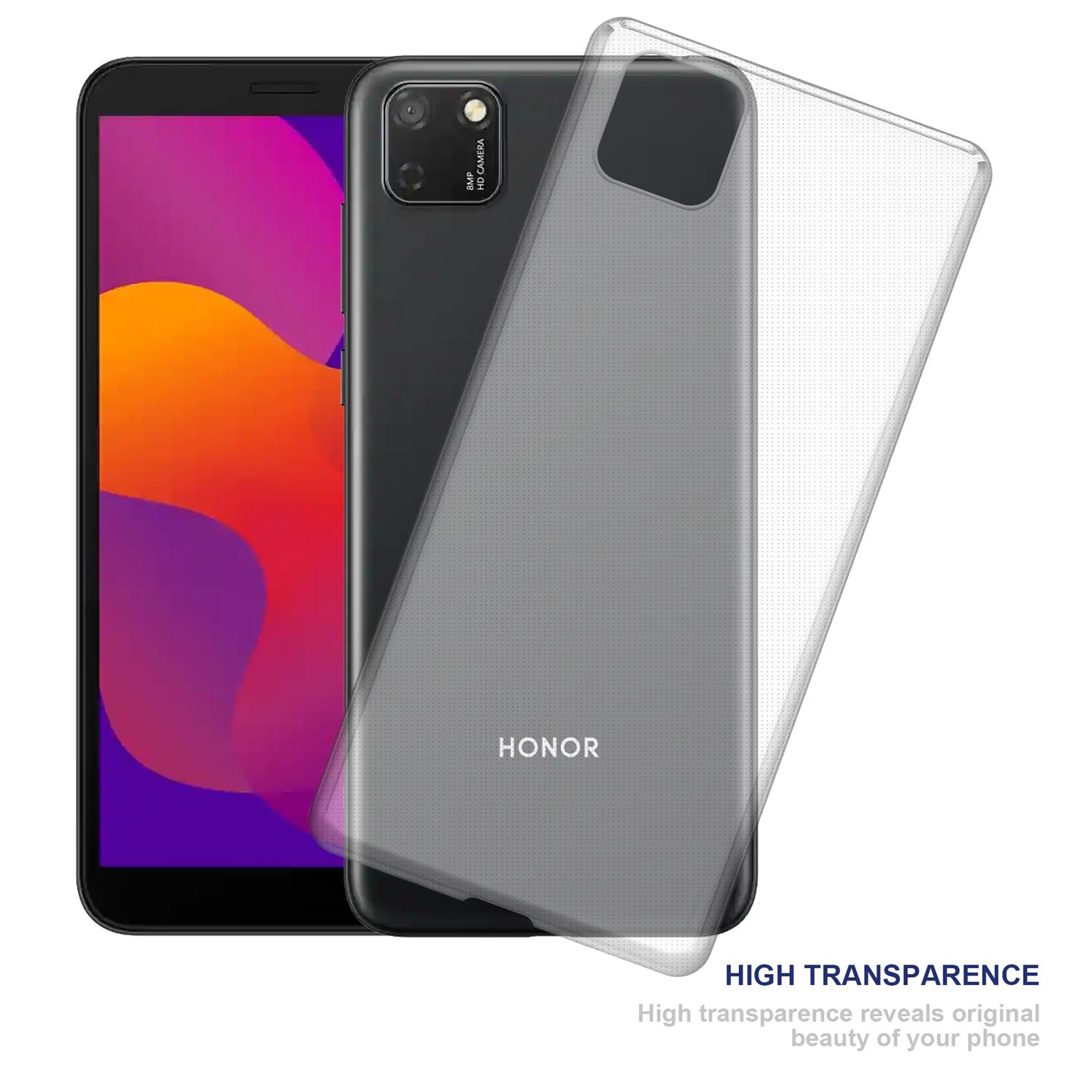 Ein Telefon mit transparenter Hülle neben seinem Bildschirm, das das Design des Telefons zeigt.