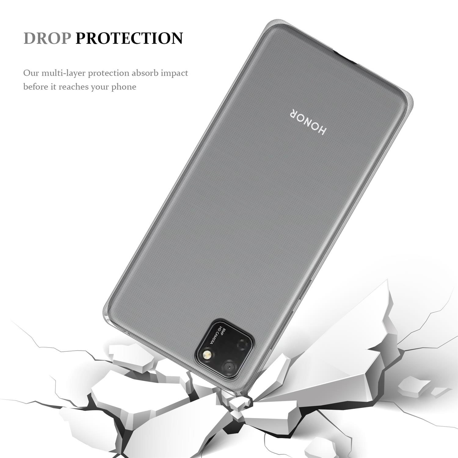 Ein graues Handycase mit weißem Hintergrund, mit Risseffekt im Boden.