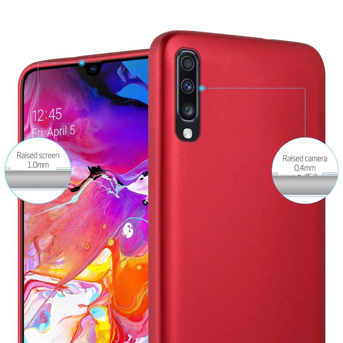 Una custodia rossa per telefono con un telefono all'interno, sono evidenziati i dettagli sullo schermo e sulla fotocamera rialzati.