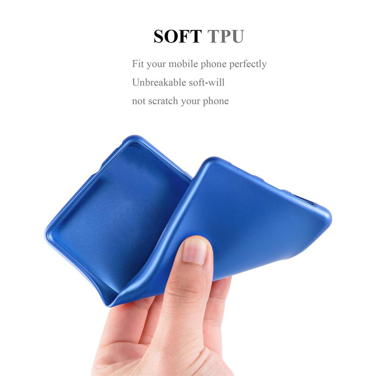 Custodia per telefono in TPU blu tenuta in mano, che mostra la sua flessibilità. Bianco.