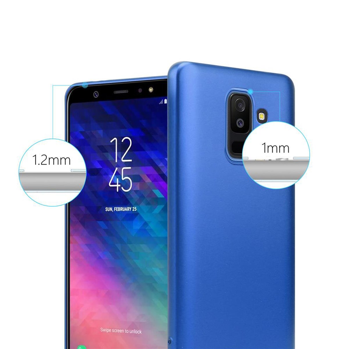 Due telefoni, uno con una custodia blu e l'altro con uno schermo. La custodia è etichettata con schermo rialzato e misure.