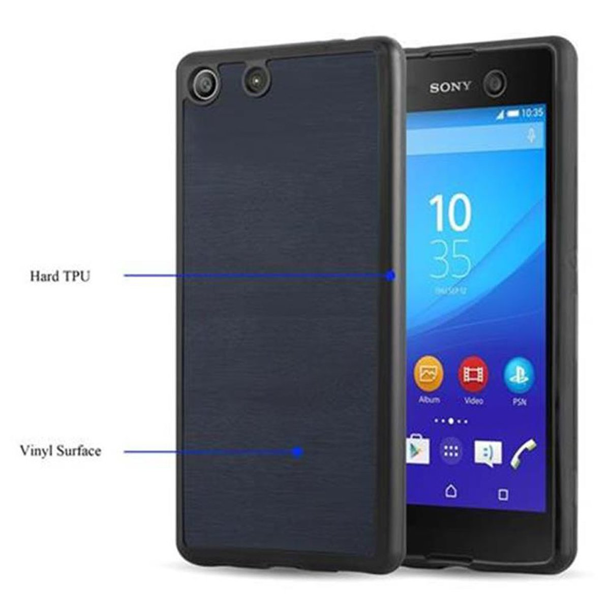 Dos teléfonos, uno en una funda de TPU dura azul y el otro mostrando la pantalla del teléfono. Hay etiquetas.