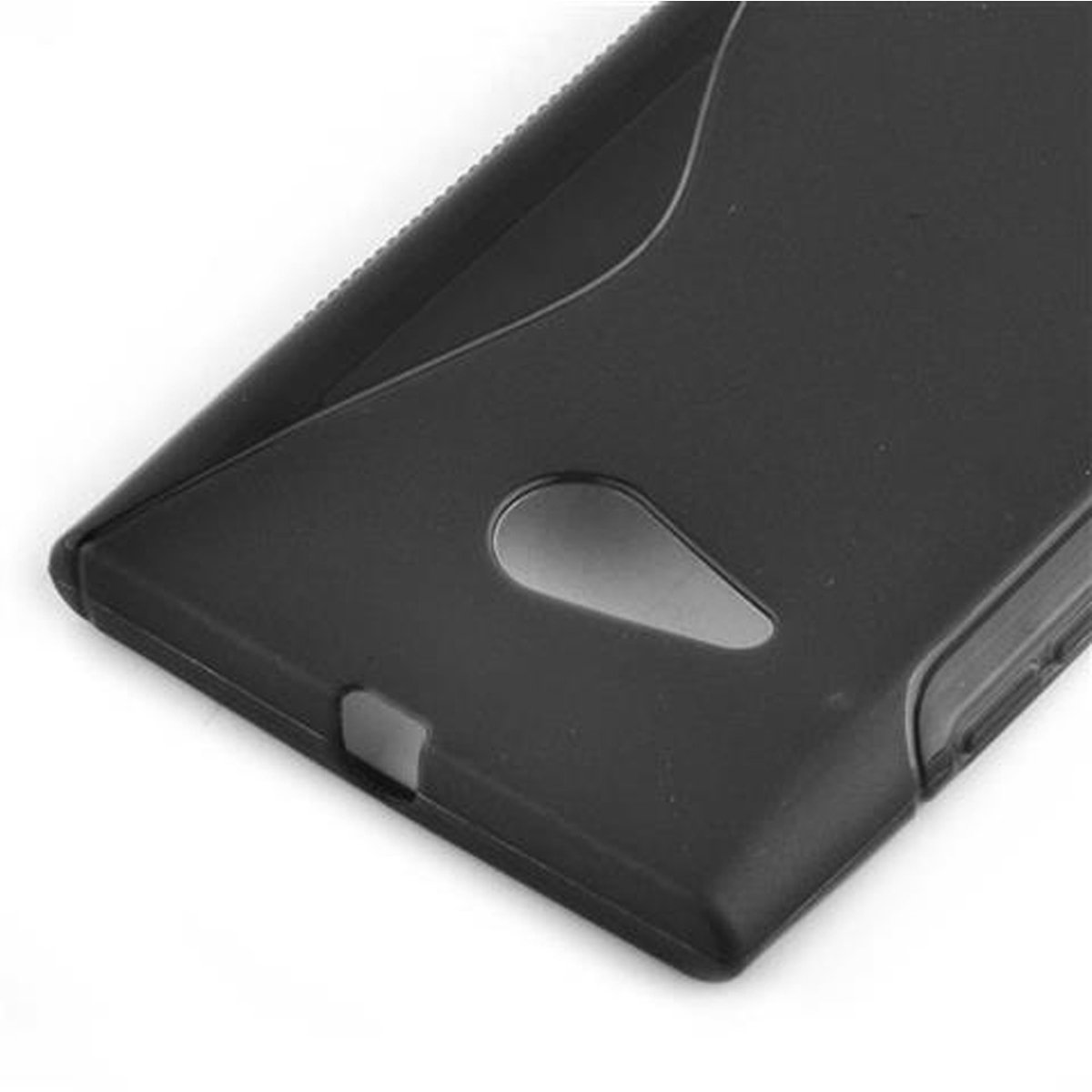 Una custodia nera per telefono. La custodia ha un ritaglio per la fotocamera e le porte.