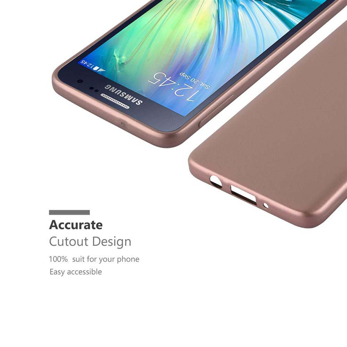 Primo piano del telefono e della custodia. Il telefono mostra l'ora. Il testo sulla custodia recita 'Accurate Cutout Design'.