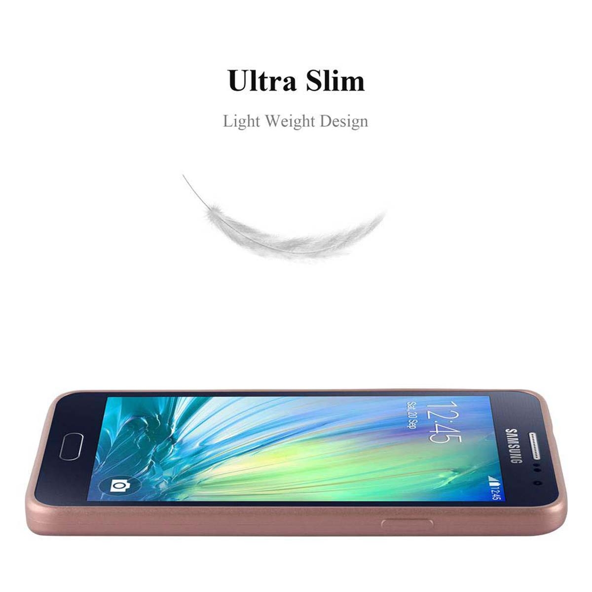Una custodia per telefono color oro rosa con un telefono. Testo "Ultra Slim" e un grafico a forma di piuma.