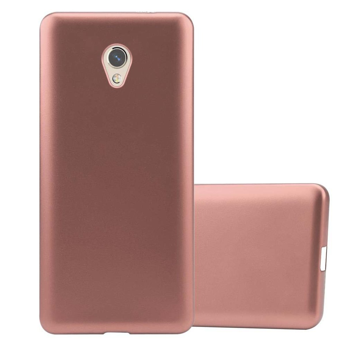 Viene mostrata una custodia per telefono color oro rosa. Un'altra è dietro. La custodia ha un ritaglio per la fotocamera.