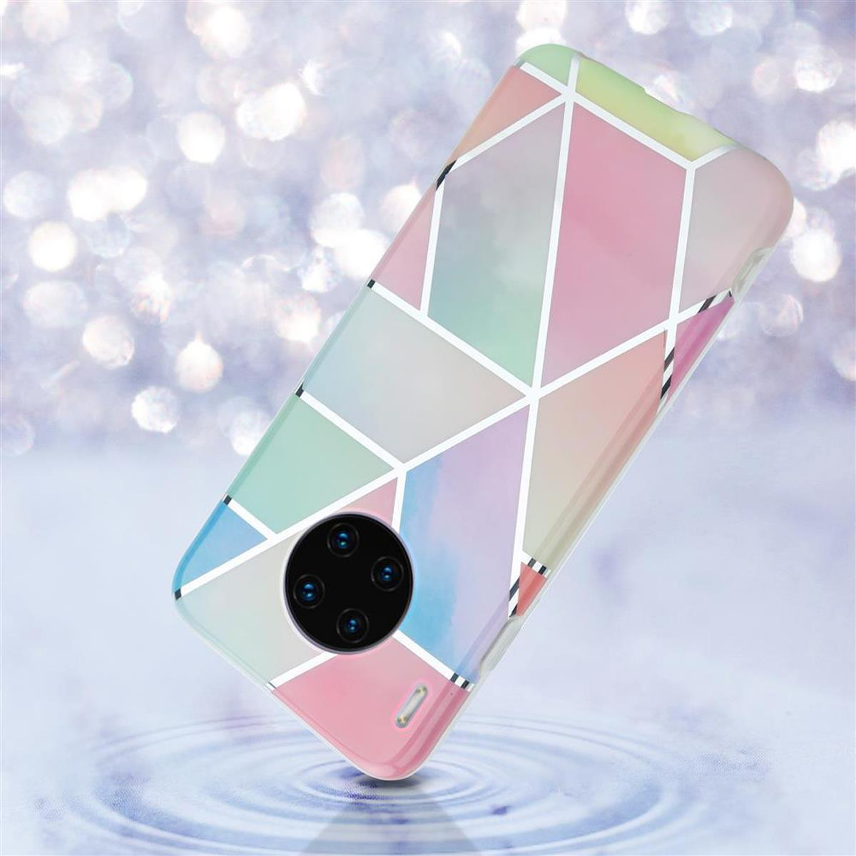 Custodia per telefono con design geometrico, colori pastello e contorni argentati, su sfondo sfocato.