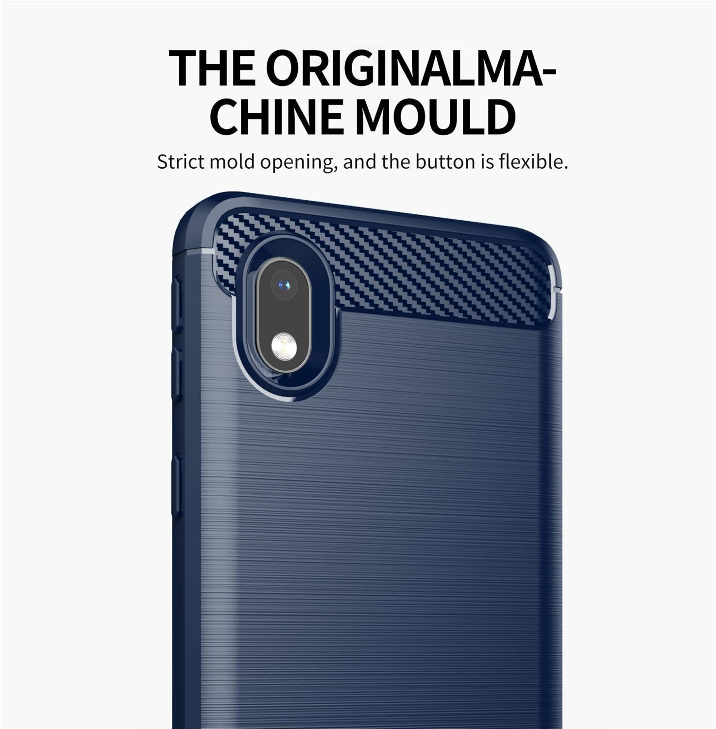 Nahaufnahme einer dunkelblauen Handyhülle. Der Text lautet 'The Original Machine Mould' mit einer Beschreibung.