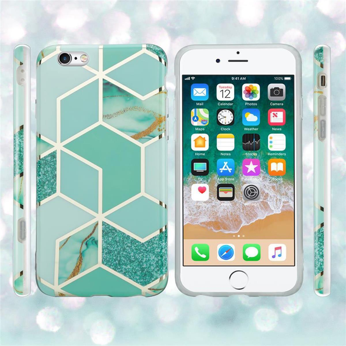 Ein iPhone mit Hülle links und an den Seiten. Die Hülle hat ein geometrisches Muster.