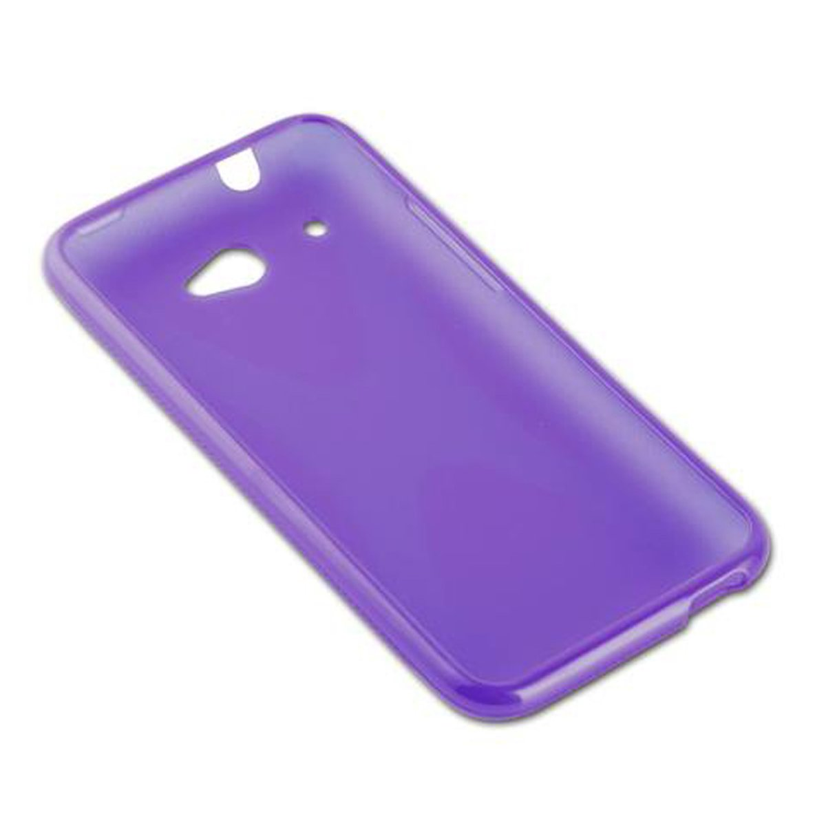 Una custodia viola per telefono su sfondo bianco. La custodia ha bordi arrotondati e ritagli.