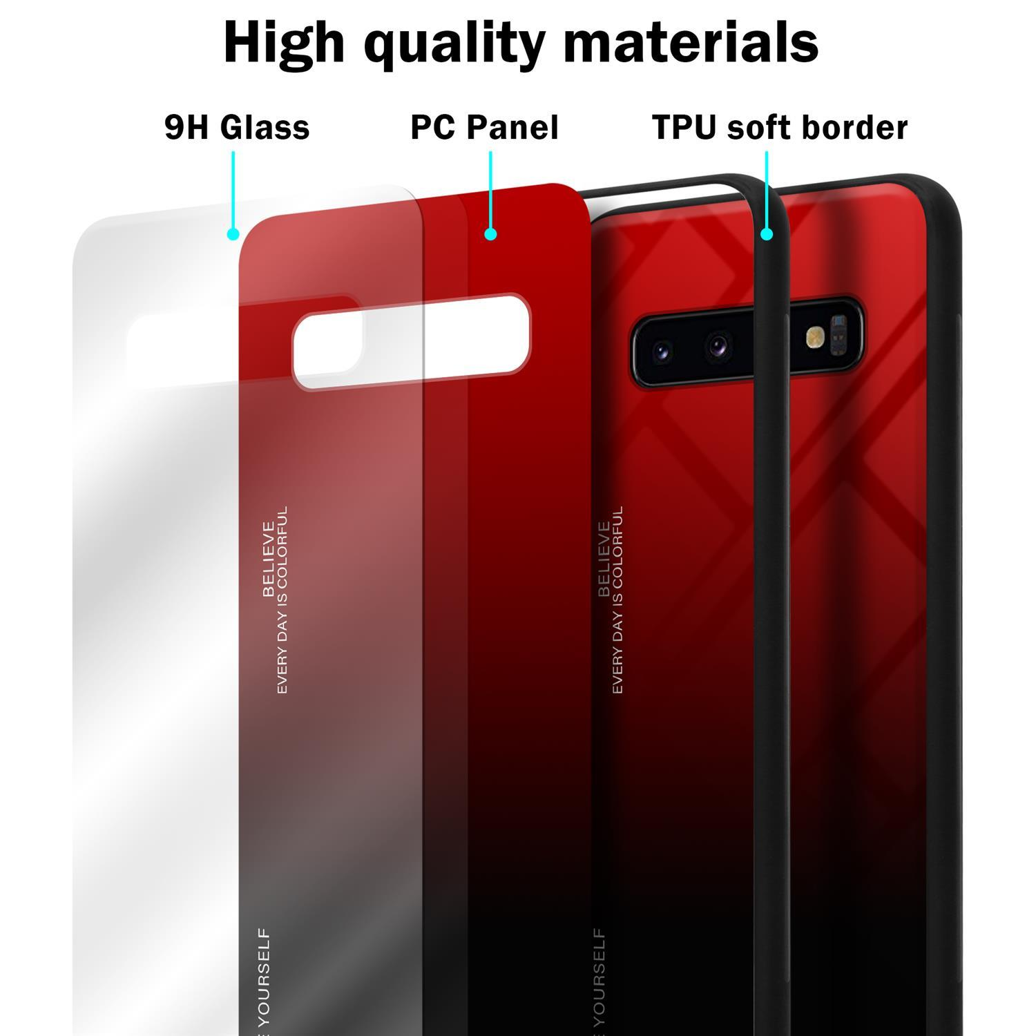 Drei Handyhüllen-Schichten: 9H-Glas, PC-Panel und TPU-Weichrahmen. Rot-Schwarz-Verlauf.