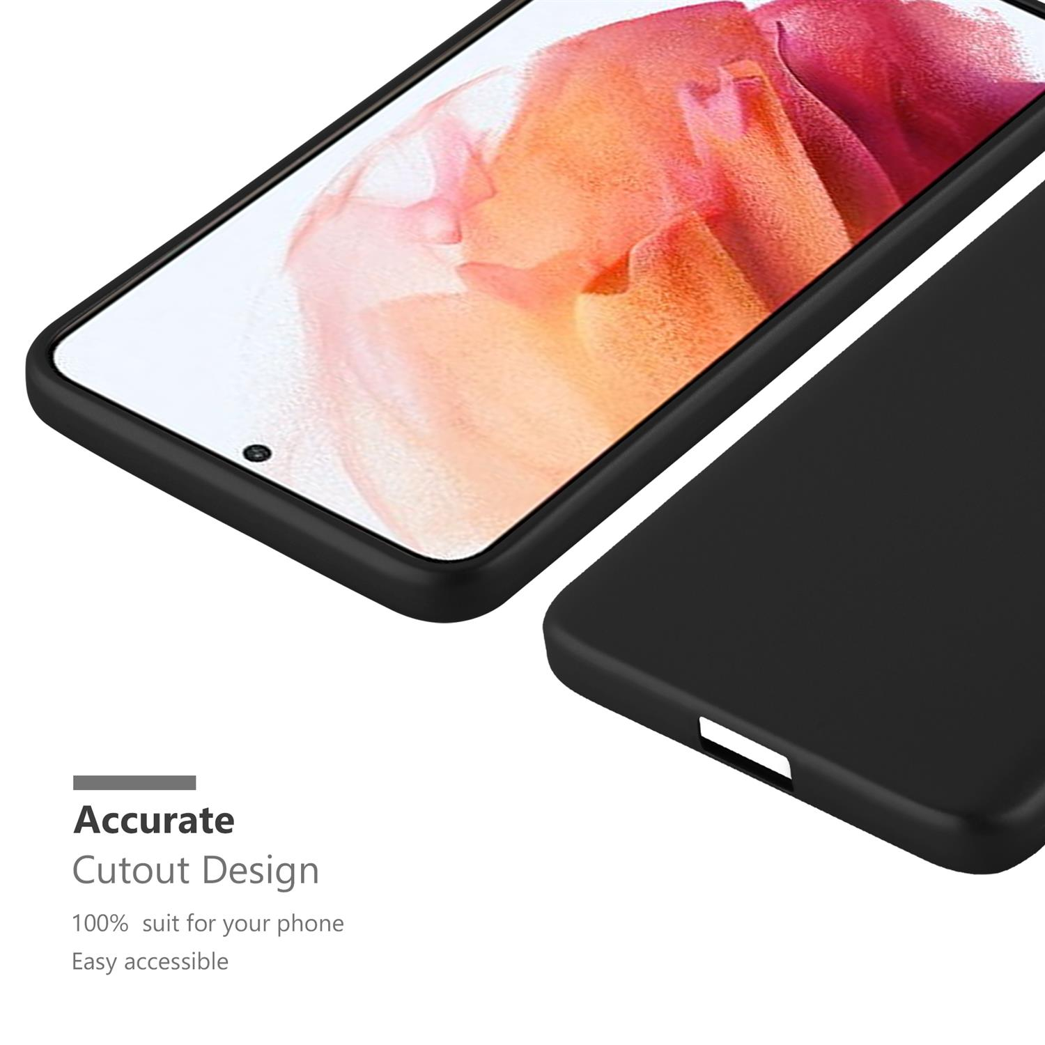 Un telefono nero in una custodia nera. La custodia ha un design ritagliato. Il testo descrive un design ritagliato accurato e una facile accessibilità.