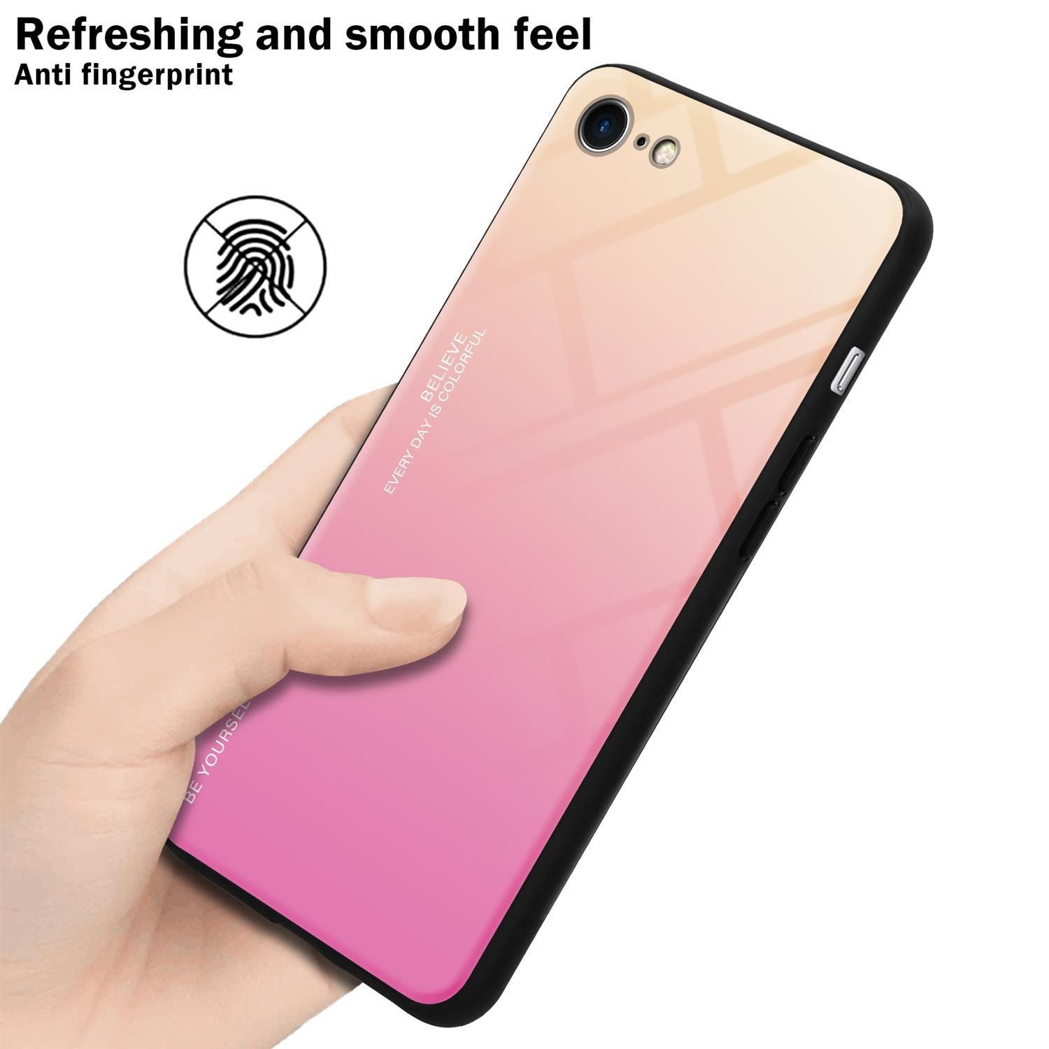Handyhülle mit rosa-gelbem Farbverlauf mit Fingerabdruck und den Worten Refreshing and smooth feel.